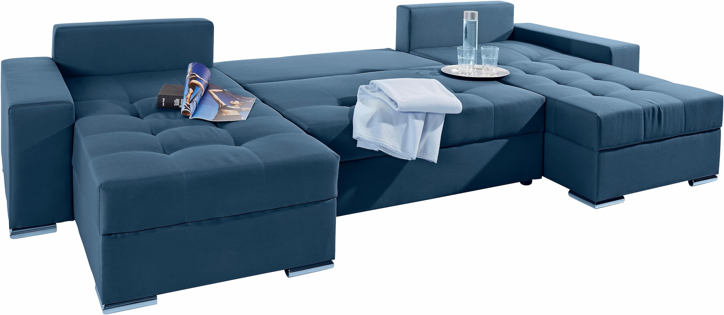 COLLECTION AB Wohnlandschaft »XL-Josy U-Form, Breite 313 cm, Flachgewebe, Struktur, Kunstleder«, inkl. Bettfunktion, Bettkasten, mit 4 gleich grossen Rückenkissen