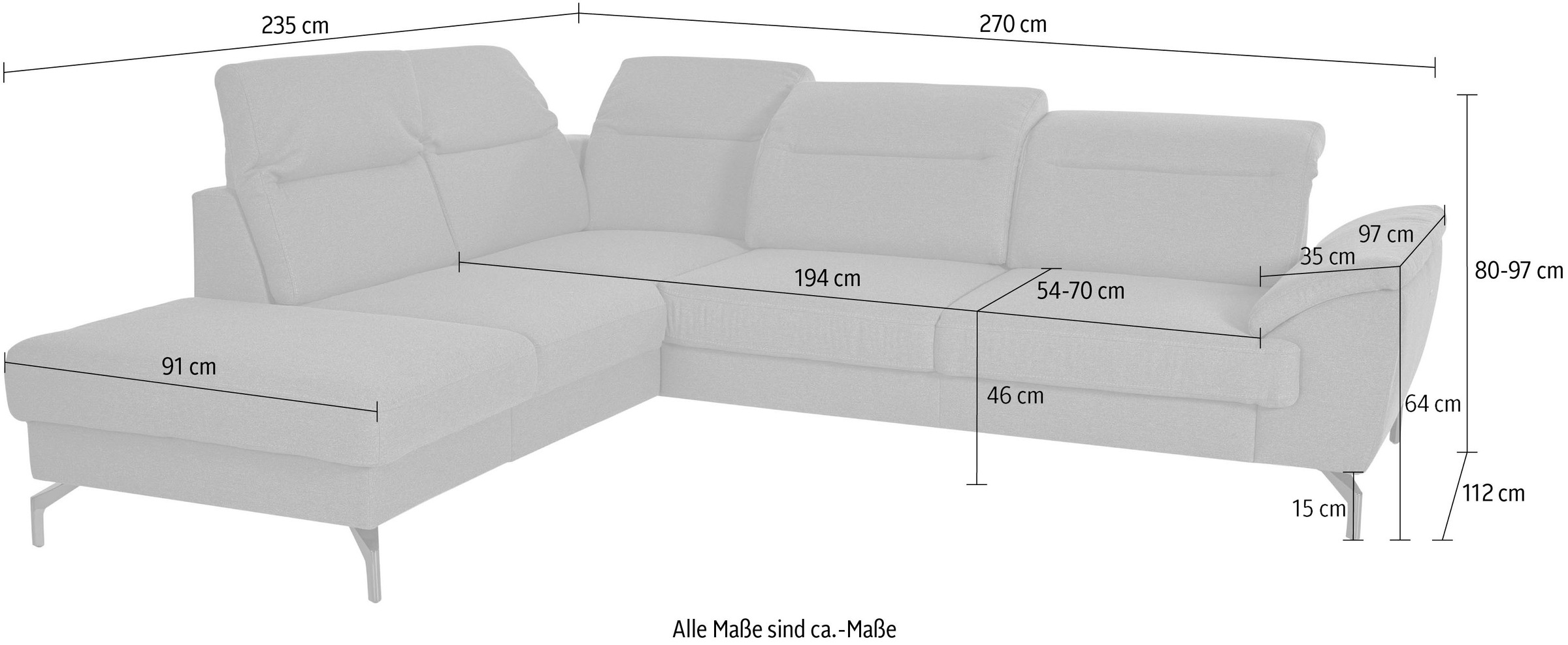 sit&more Ecksofa »Percy L-Form«, 15 cm Fusshöhe, Sitztiefenverstellung, wahlweise in 2 Fussfarben