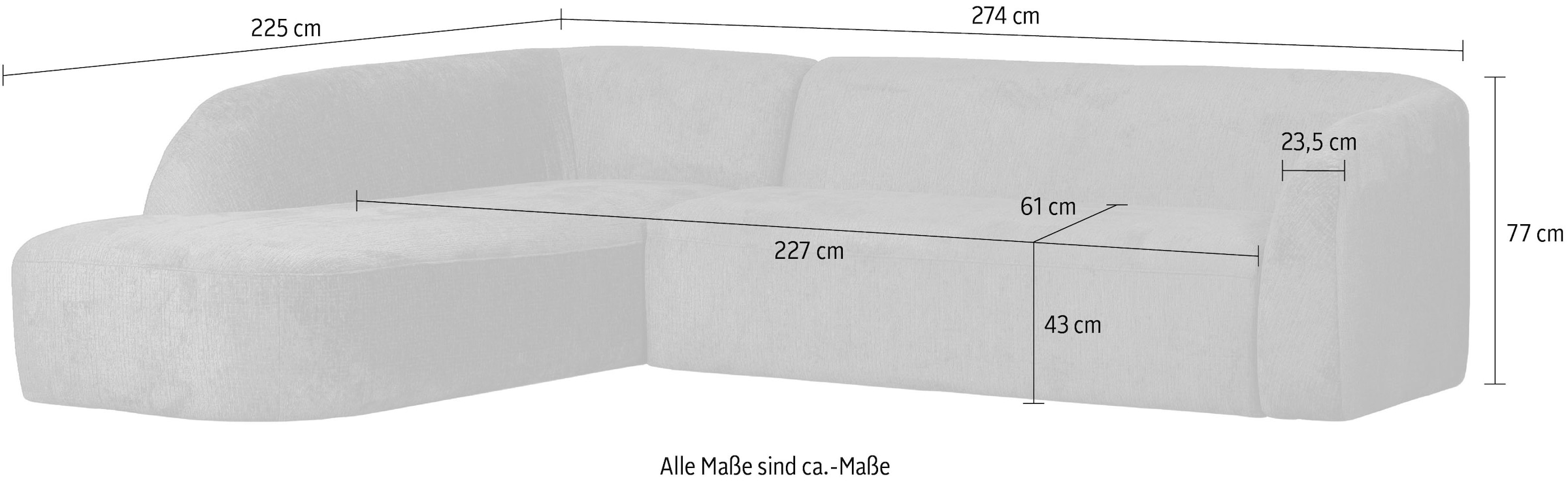 WOOOD Ecksofa »Sloping Bezug mit Zickzack-Federung, H 77 x B 274 x T 225/87 cm« Jacquard-Velvet, Tragkraft 250 kg, Ausgezeichnete Verschleissfestigkeit