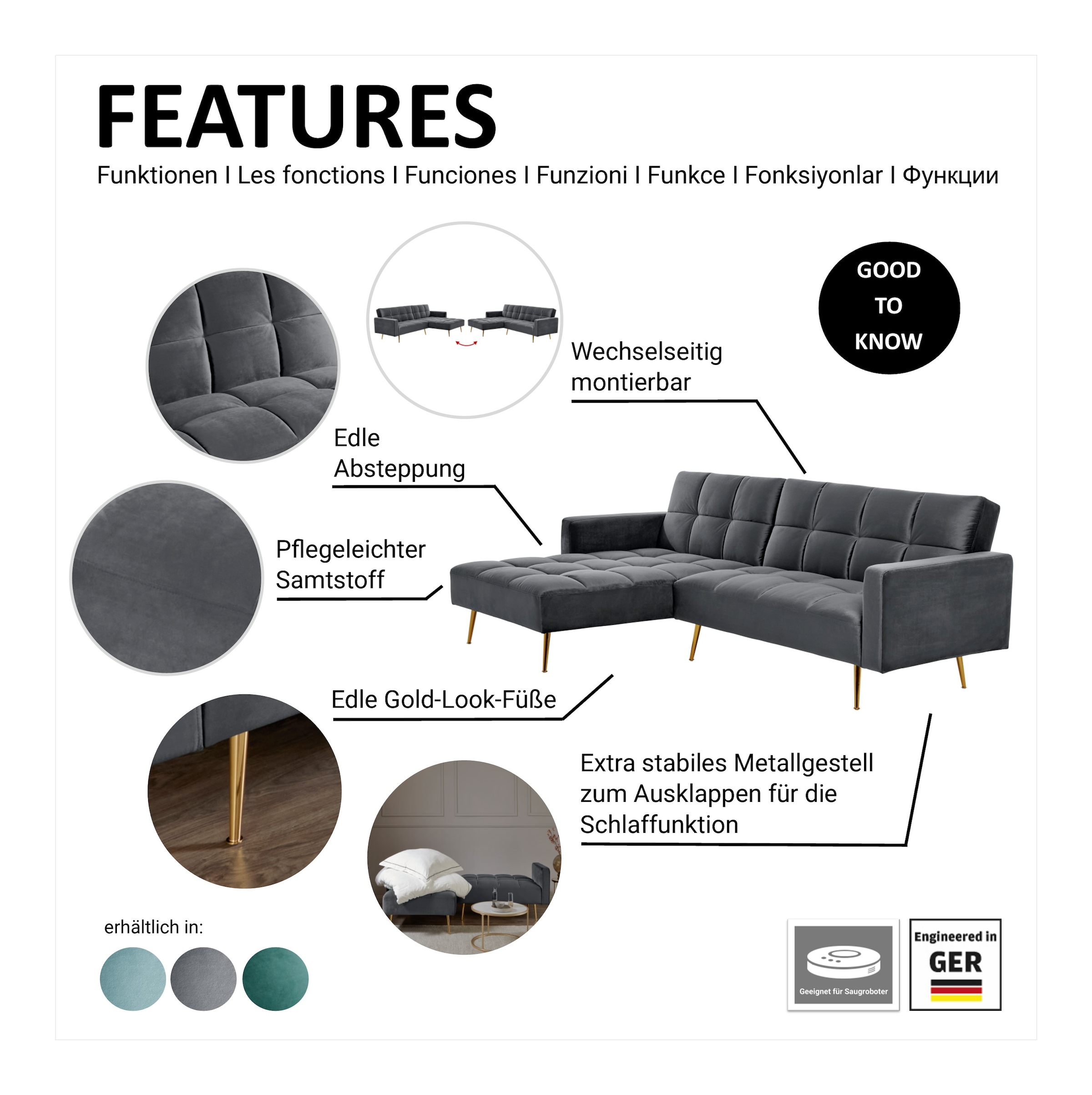 Jahnke Canapé d'angle »CHILLAX POSH CORNER« avec fonction couchage, montage réversible, 244 x 150 cm