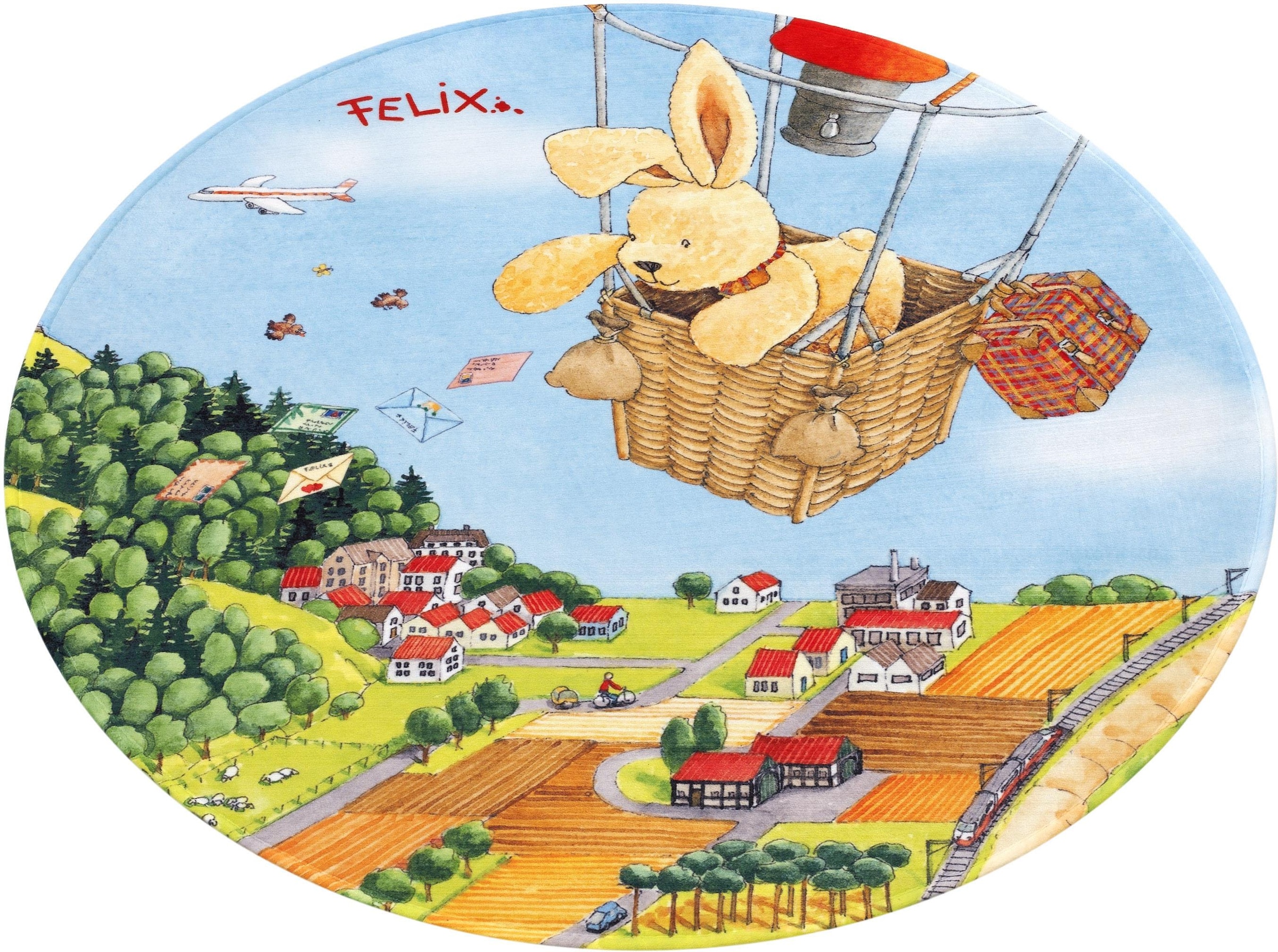 Felix der Hase Kinderteppich »FE-415«, rund, Stoff Druck, Motiv Heissluftballon, weiche Mircofaser, Kinderzimmer