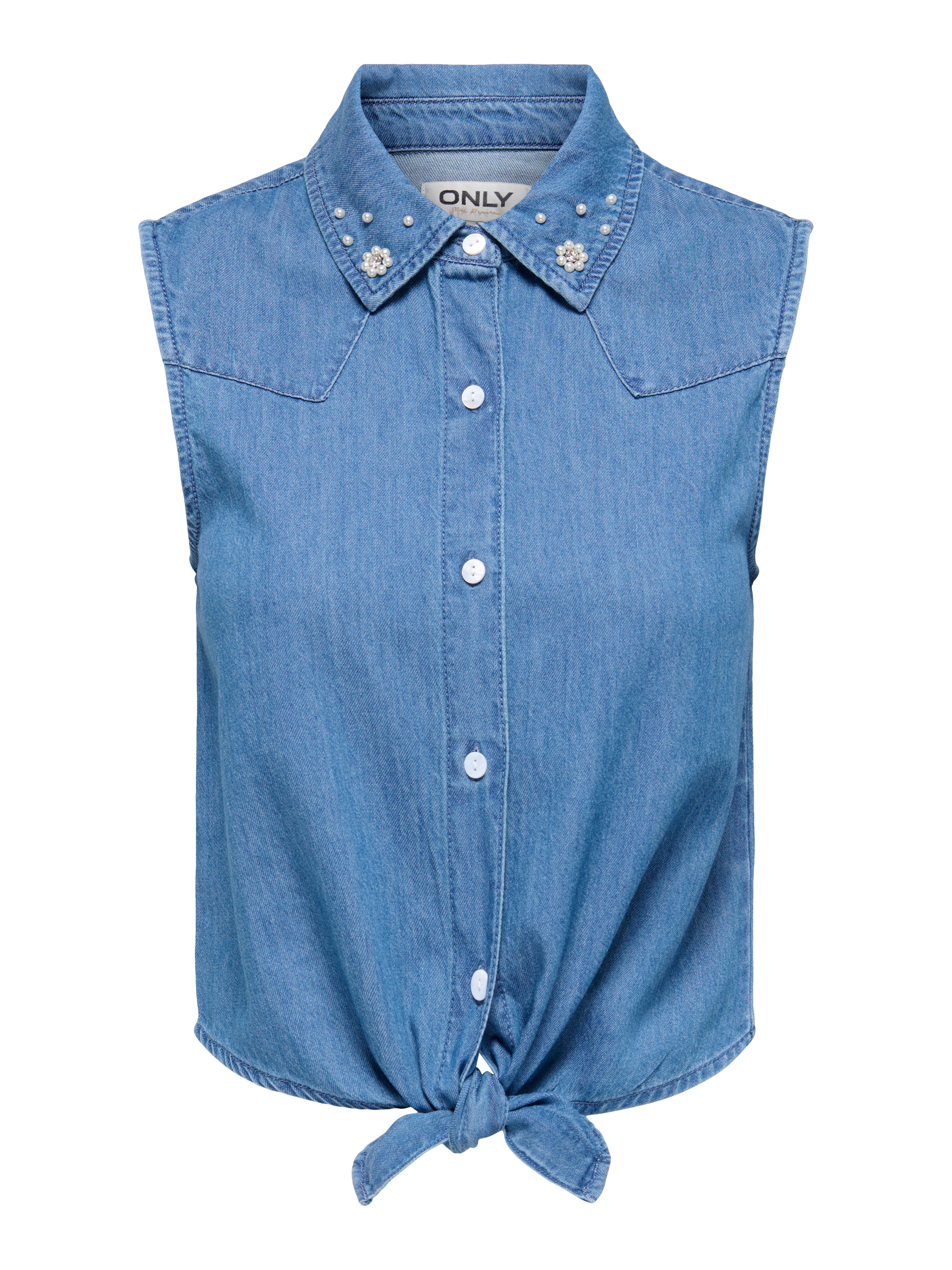 Image of ONLY Jeansbluse "ONLBRIAR S/L PEARL KNOT SHIRT DNM QYT" Baumwolle