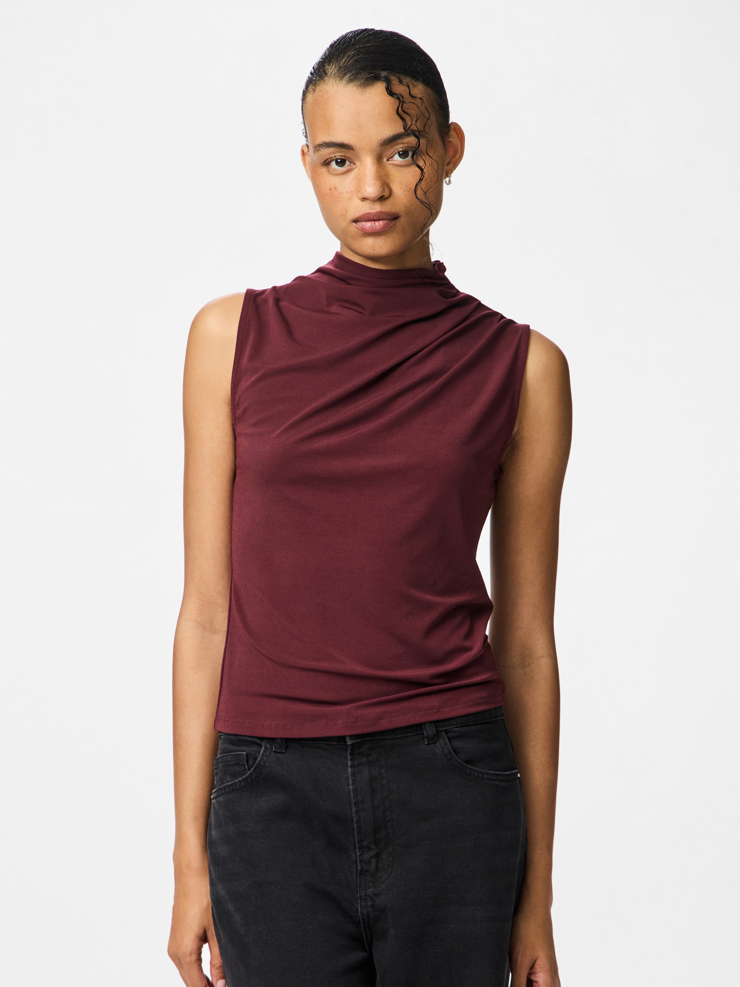 Image of pieces Stehkragenshirt "PCMADISON SL DRAPED TOP NOOS BC" Materialmix, slim fit