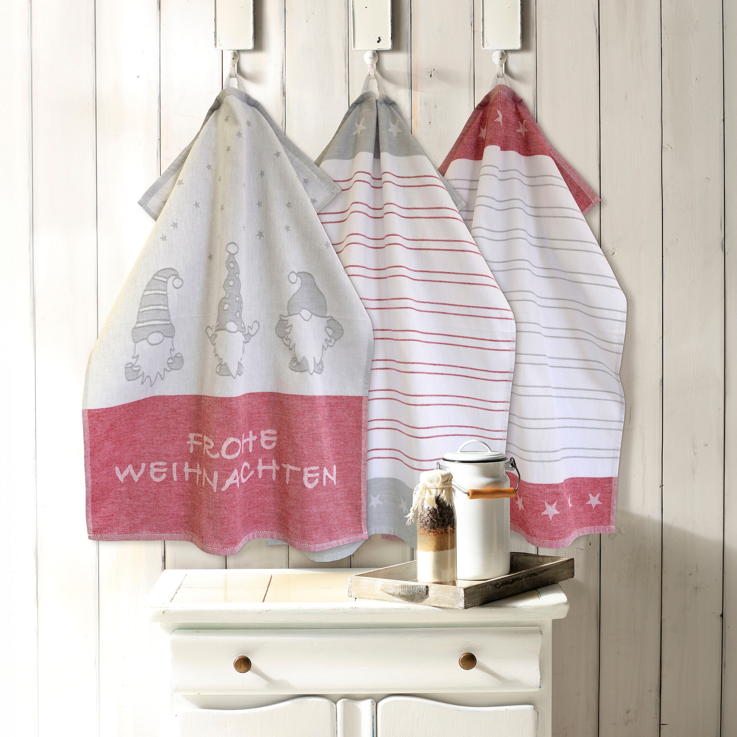 Dyckhoff Geschirrtuch »Wichtel, mit Schriftzug Frohe Weihnachten, Streifen und Sternen«, (Set, 6 tlg.), mit 3 verschiedenen Motiven, Masse je Tuch ca. 50x70 cm, 100% Baumwolle