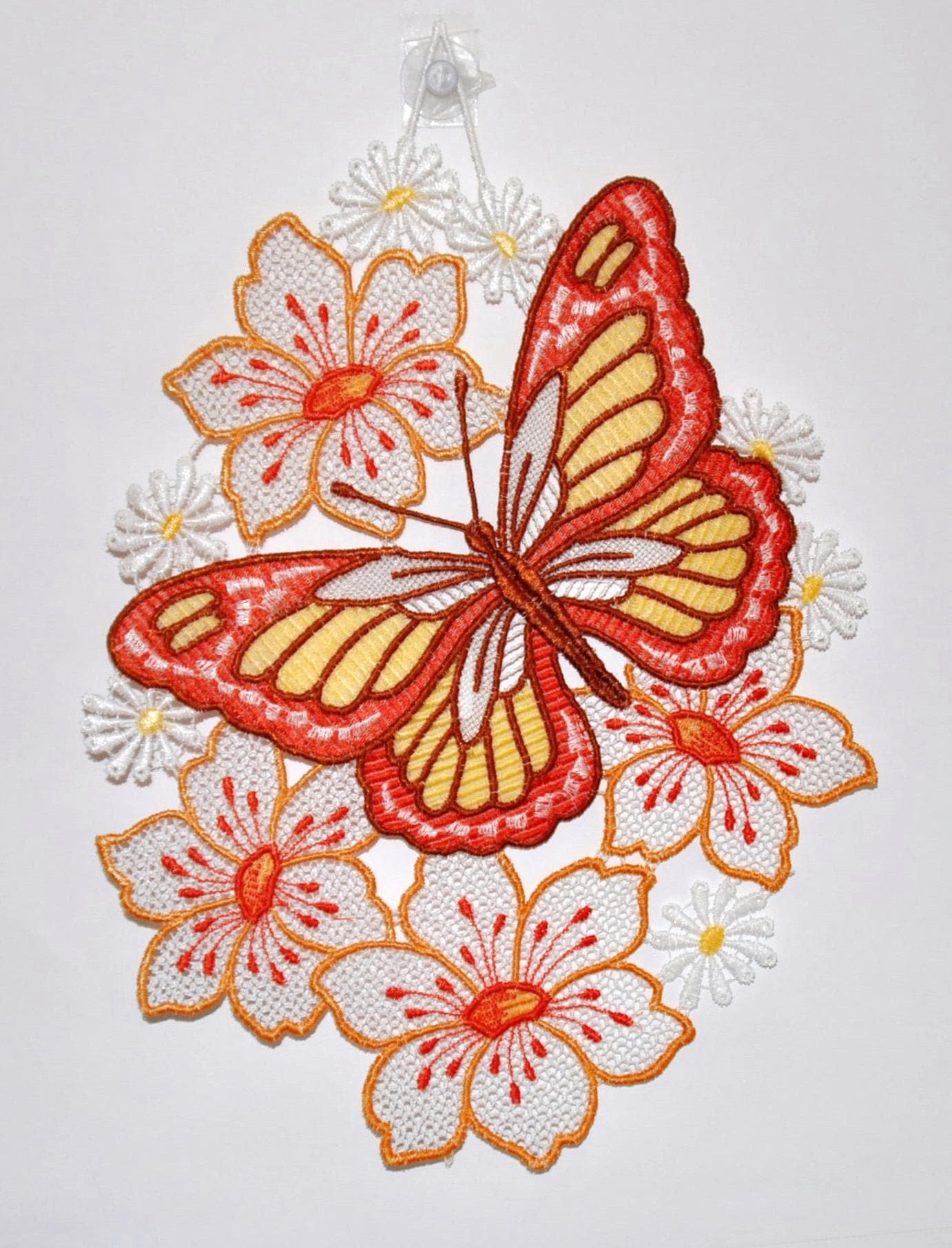 Image of Stickereien Plauen Fensterbild "Schmetterling auf Blume" Hakenaufhängung