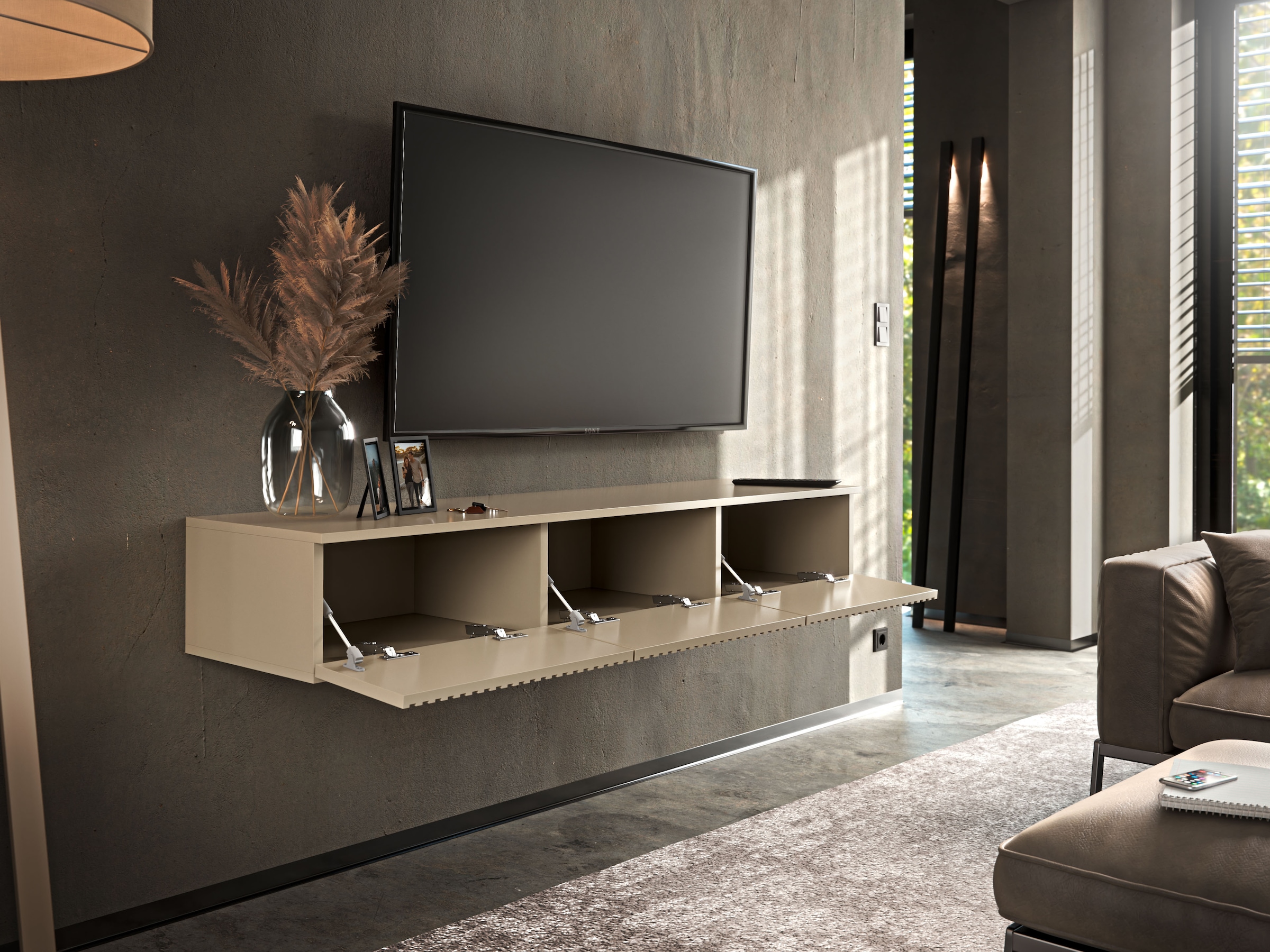 HBZ Table basse »Lowboard Lanai, hängend, mit moderner Rillenoptik« 1 cuis tlg. Largeur 150cm, revêtement mélaminé, ouverture par pression