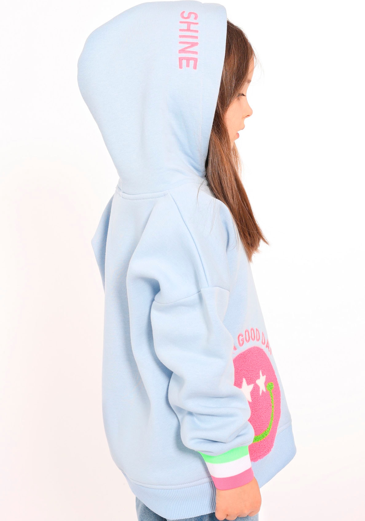 Zwillingsherz Hoodie »"Always Happy" Kids«, mit grossem Smiley und neonfarbenen Details
