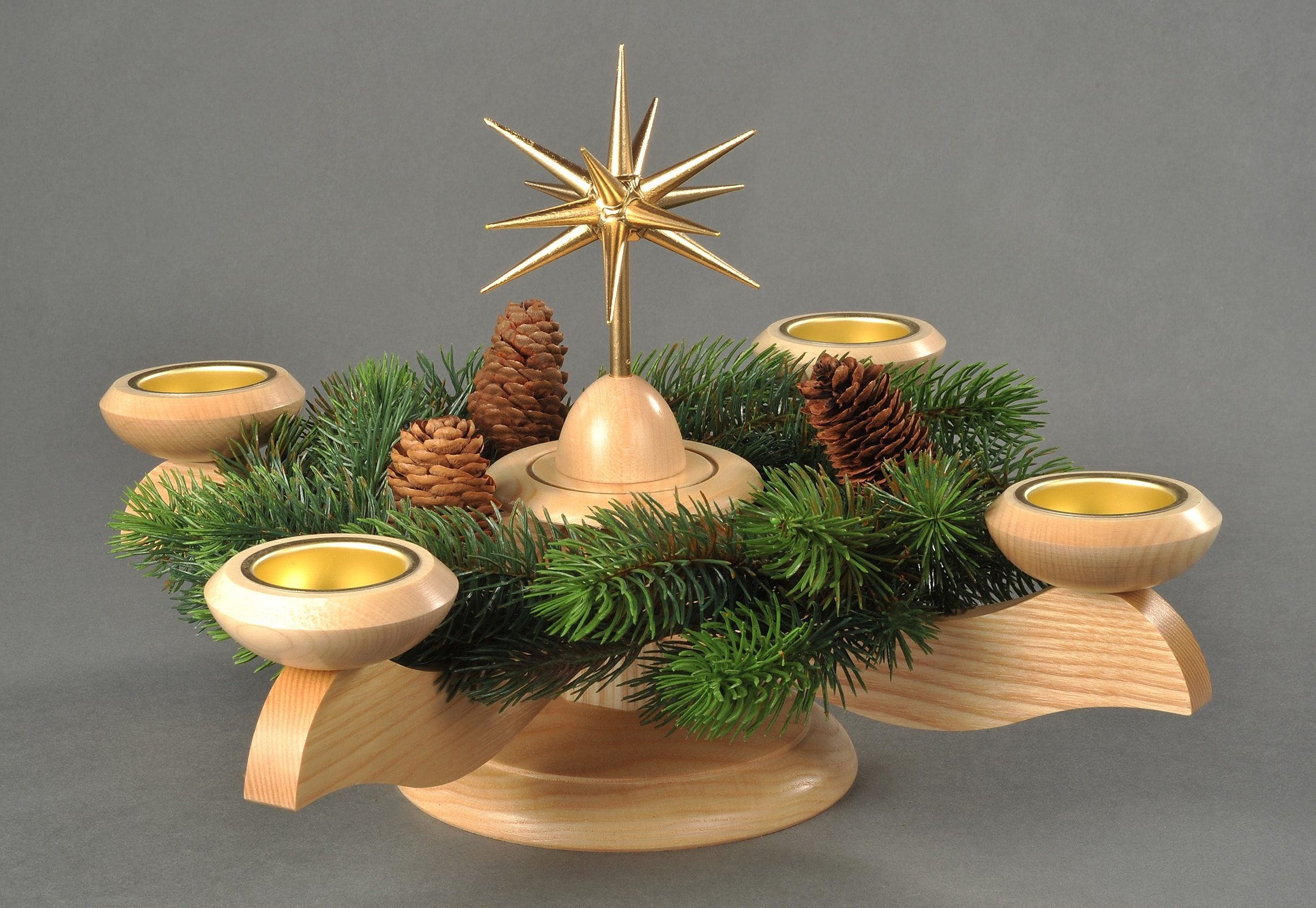 Albin Preissler Adventsleuchter "mit Weihnachtsstern und Tannenkranz, Handwerkskunst aus dem Erzgebirge" Ø 29 cm, Weihnachtsdeko aus Holz