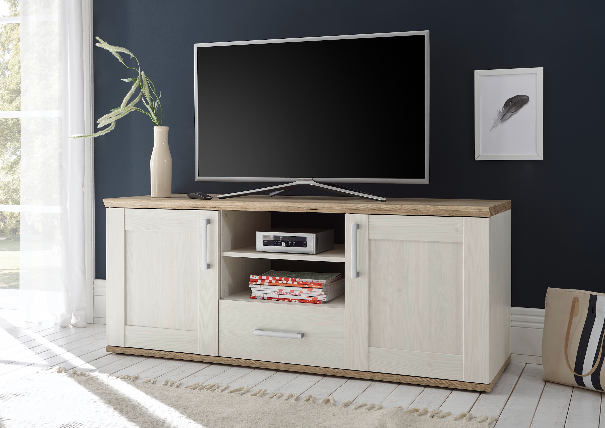 Image of HBZ Lowboard "Romance Landhaustil, TV Möbel bis 55 Zoll, BxHxT 143x59x50 cm" 1 Stk. tlg. Mit 2 Türen, 2 offene Fächer, 1 Schubkasten