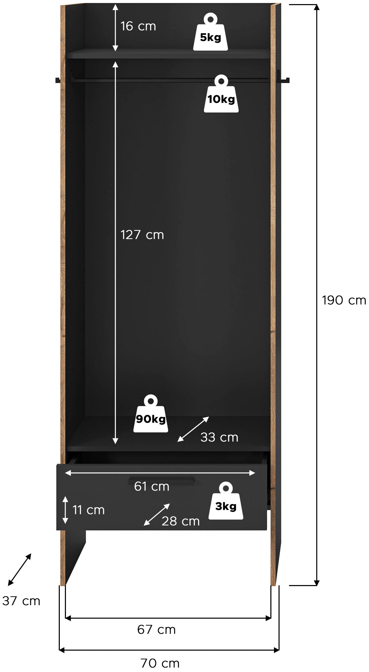 INOSIGN Garderobenschrank »MUSTA, Breite: 70cm, inkl. Kleiderstange, 2 Haken, 1 Schubkasten« Dielenschrank, Flurschrank, Schrank, Universalschrank, Sitzbank