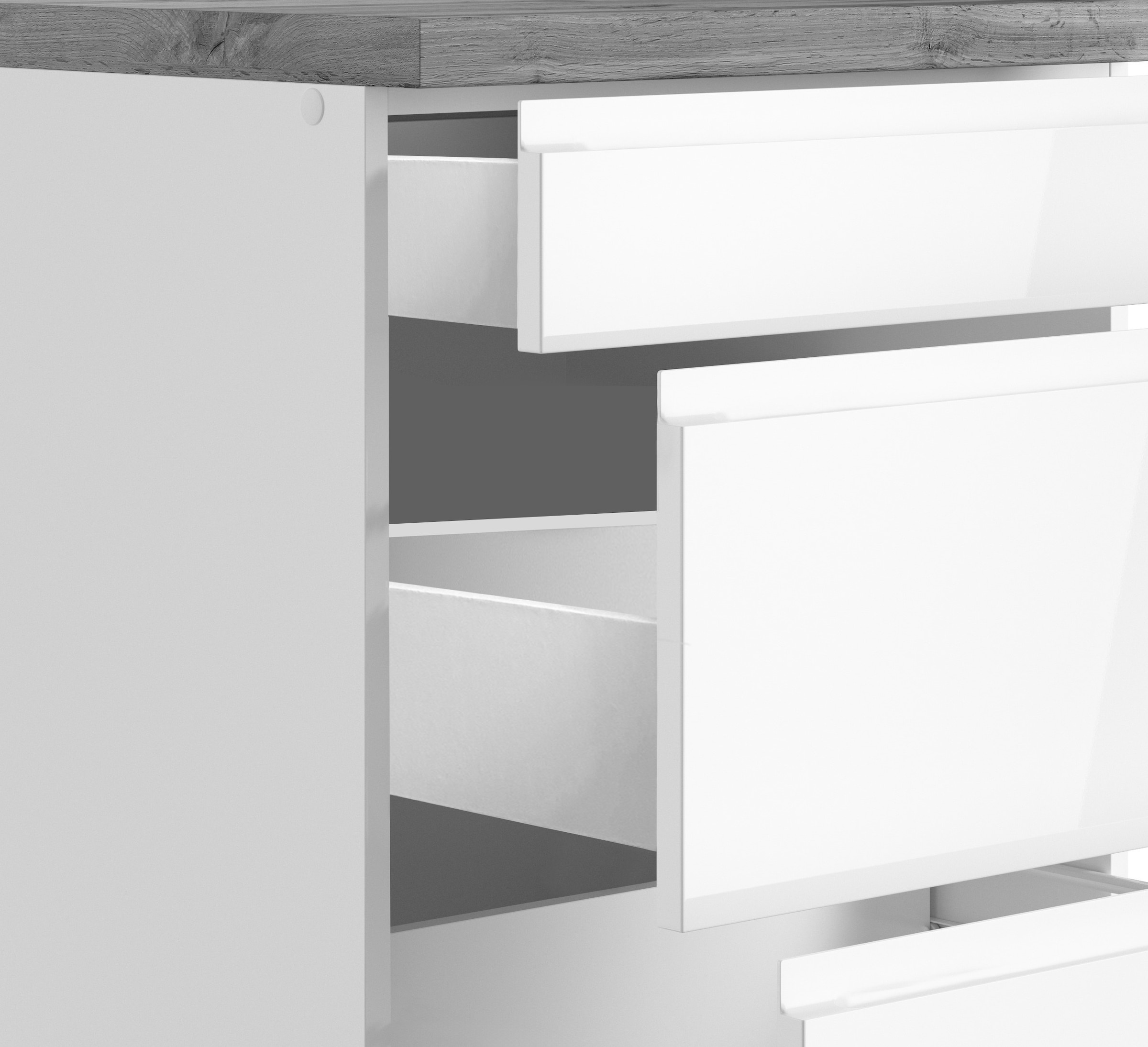 KOCHSTATION Küchenzeile »KS-Virginia,neu in verbesserter Ausführung« Arbeitsplatte 38 mm stark, Stauraum, Softclose,  Breite 410 cm, Softclose, wahlweise mit E-Geräten und Induktion