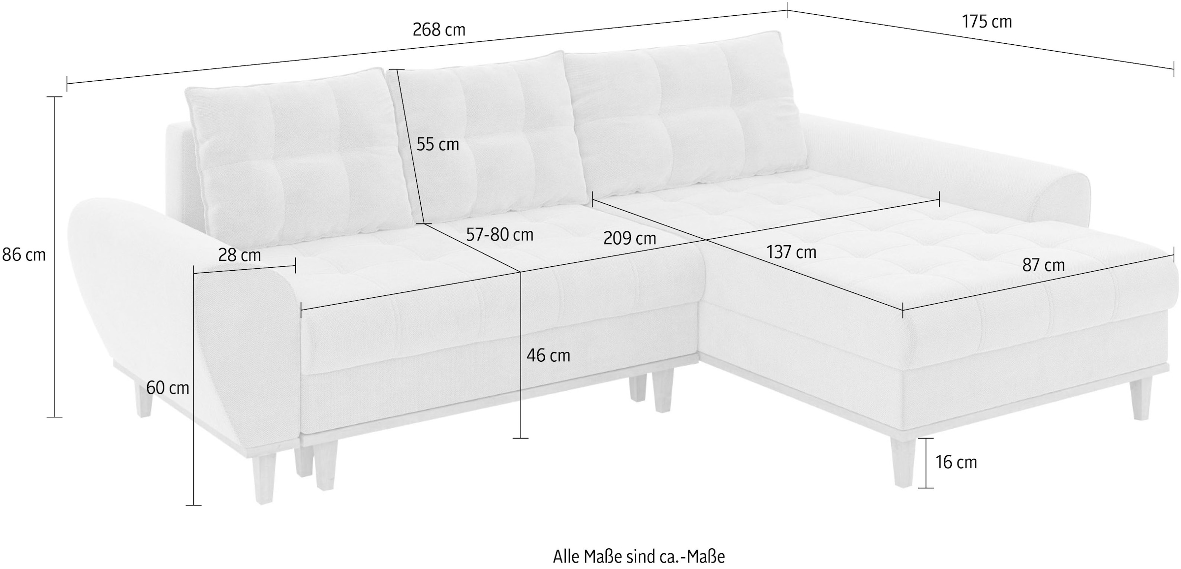 Home affaire Ecksofa »Ahrdorf mit Bettfunktion und Bettkasten, Masse: B/H/T 268/86/175 cm«, L-Form mit 3 Rückenkissen und moderne gerundete Armlehnen
