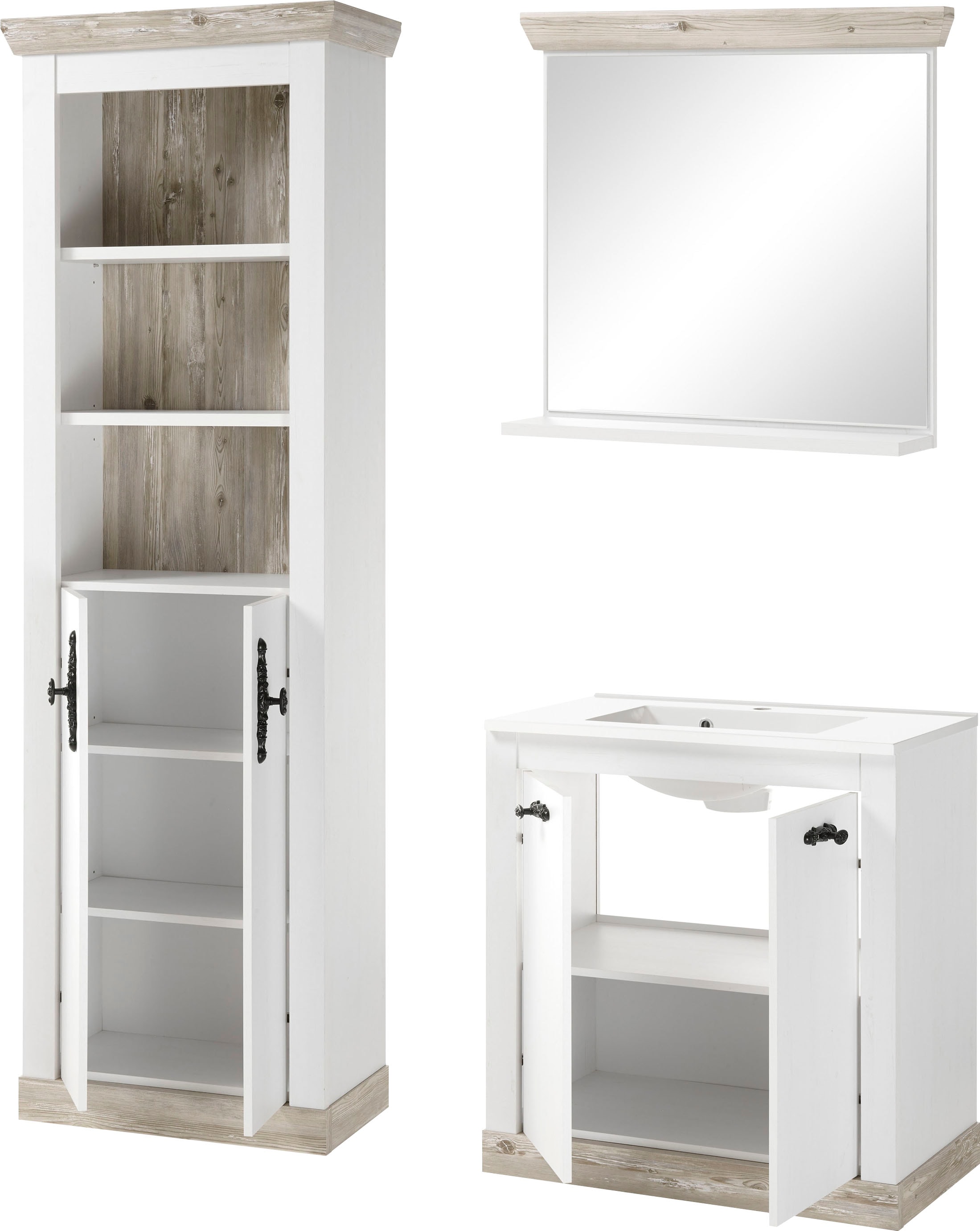 Home affaire Badmöbel-Set »Florenz, Bad im Landhausstil, 3-teiliges Badezimmer«, (3 St.), Waschtisch, Schrank und Spiegel mit Ablage, in Pinie Weiss, Stauraum