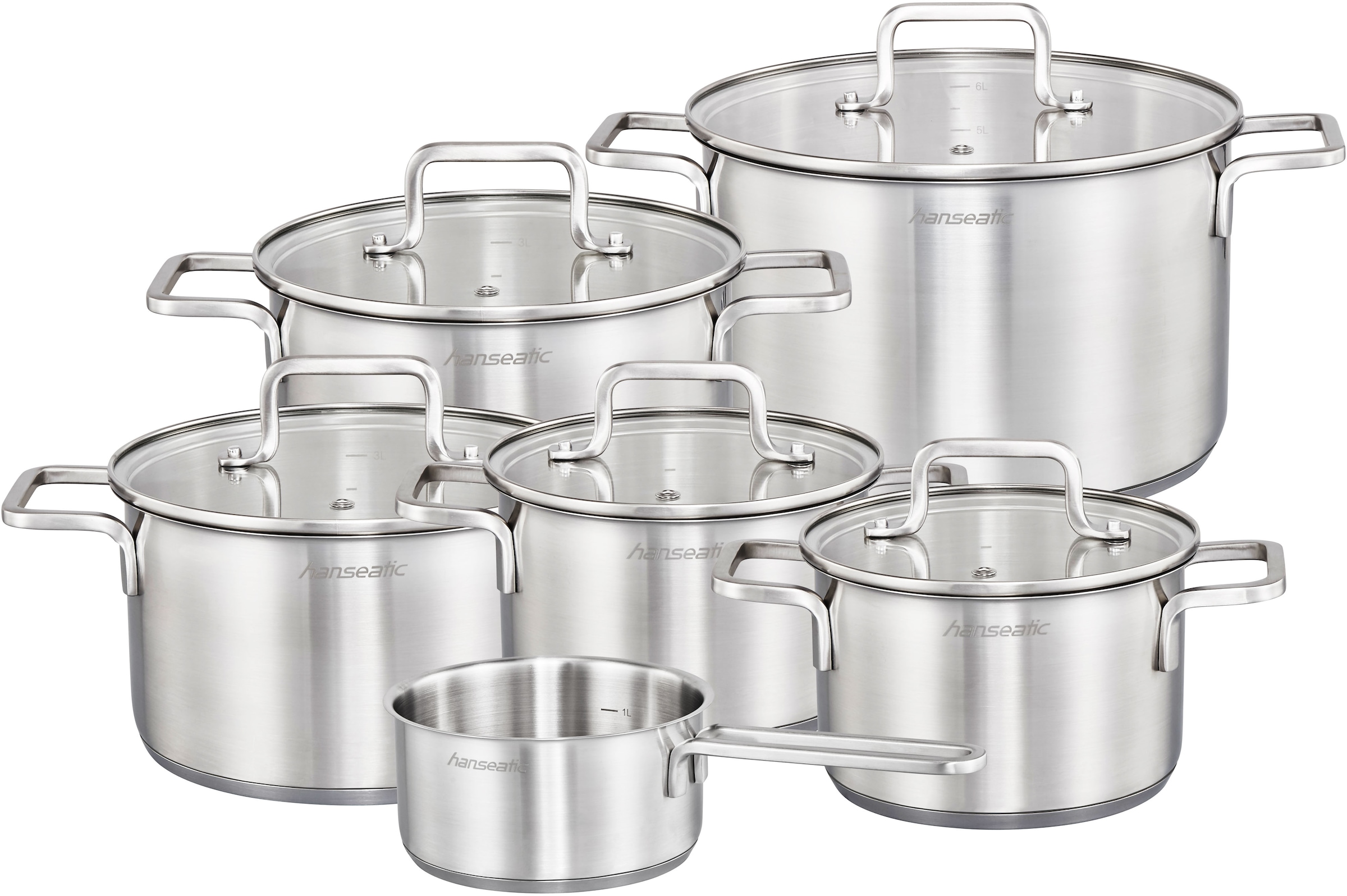 Hanseatic Topf-Set »DAILY«, Edelstahl 18/10, (Set, 11 tlg., Fleischtopf 2x 16 cm / 2x 20 cm / 1x 24 cm, Stielkasserolle 16 cm), handfreundliche Griffe, Literskala, Glasdeckel, Induktion