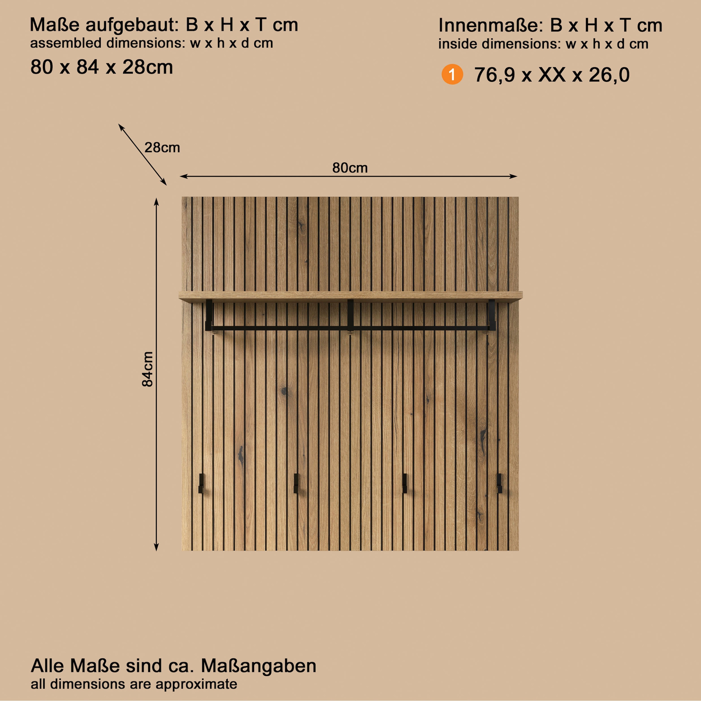 Home affaire Panneau de vestiaire »Amrum« 1 cuis tlg. Wandpaneel mit Ablage, 1 Kleiderstange & 4 Haken - (B/T/H) 80/28/84 cm