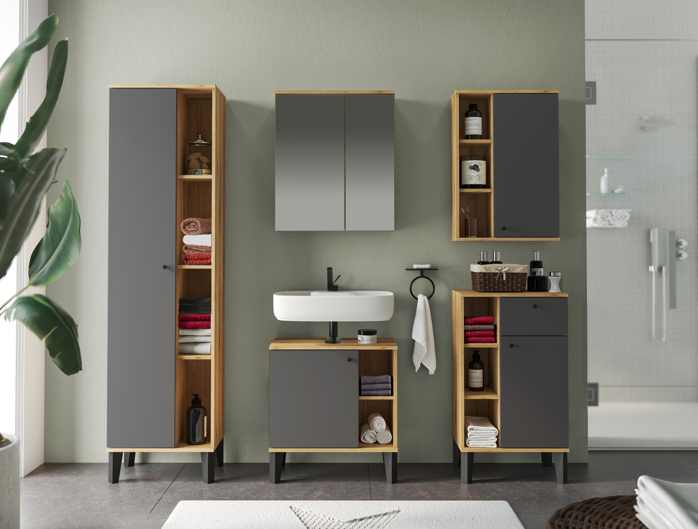 INOSIGN Badmöbel-Set »OSLO, Bad im skandinavischen Design, 5-teiliges Badezimmer« Set, 5 Stk. tlg.