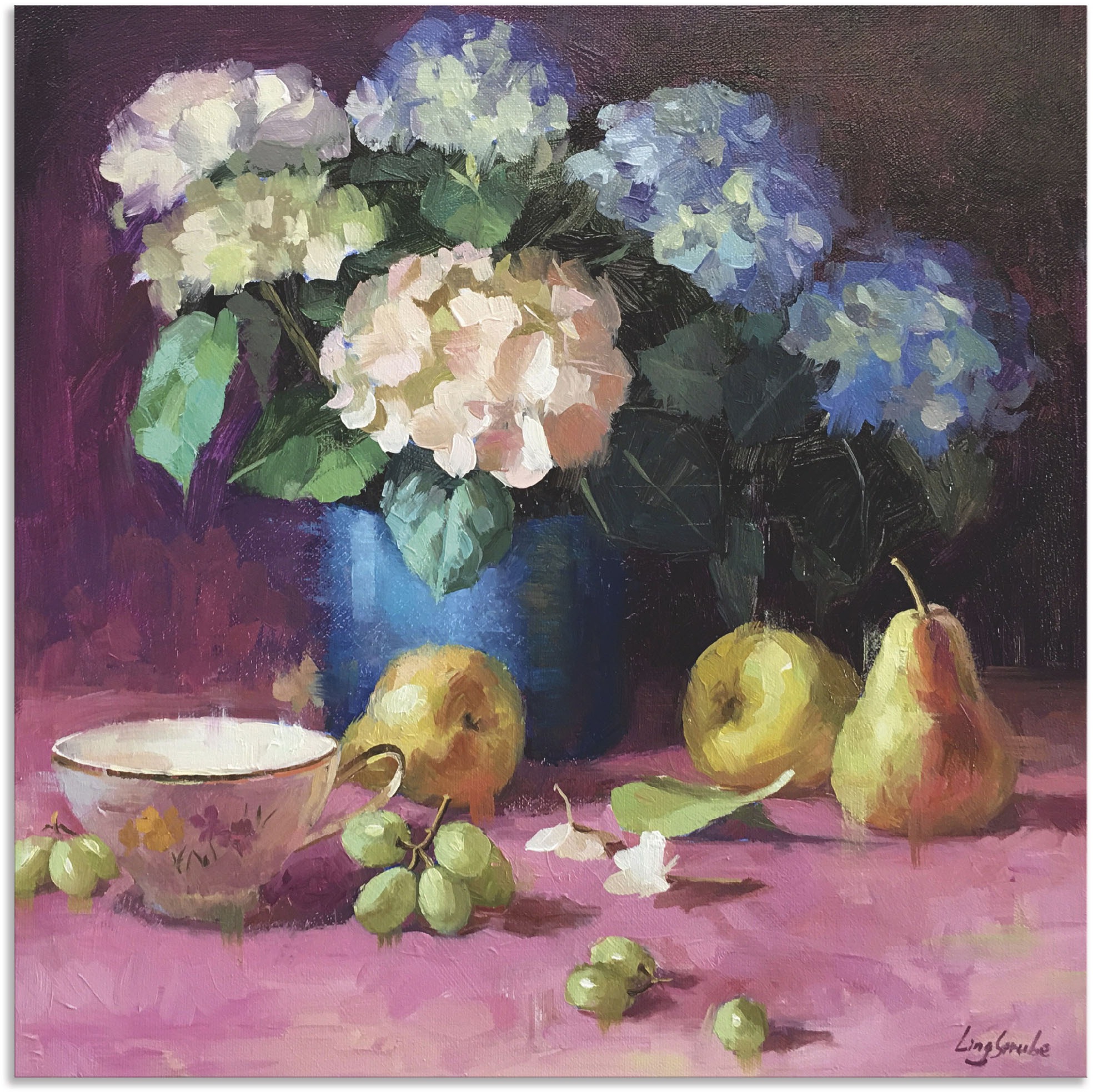 Image of Artland Wandbild »Hortensien mit Stillleben«, Arrangements, (1 St.), in vielen Grössen & Produktarten - Alubild / Outdoorbild für den Aussenbereich, Leinwandbild, Poster, Wandaufkleber / Wandtattoo auch für Badezimmer geeignet bei Ackermann Versand Schwei