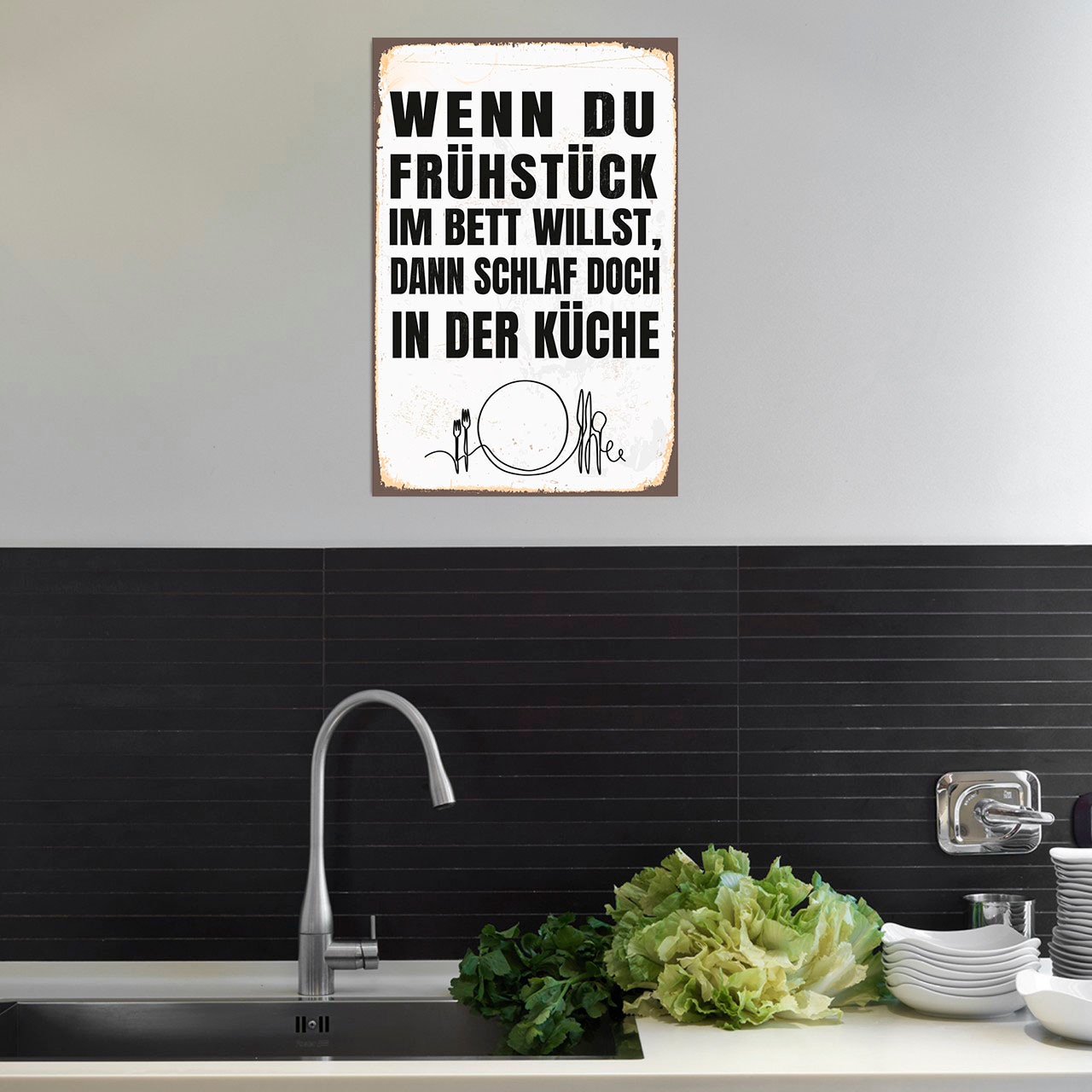 Image of queence Metallbild "Frühstück im Bett" Schriftzug Schriftzüge 1 Stk. tlg. Stahlschilder
