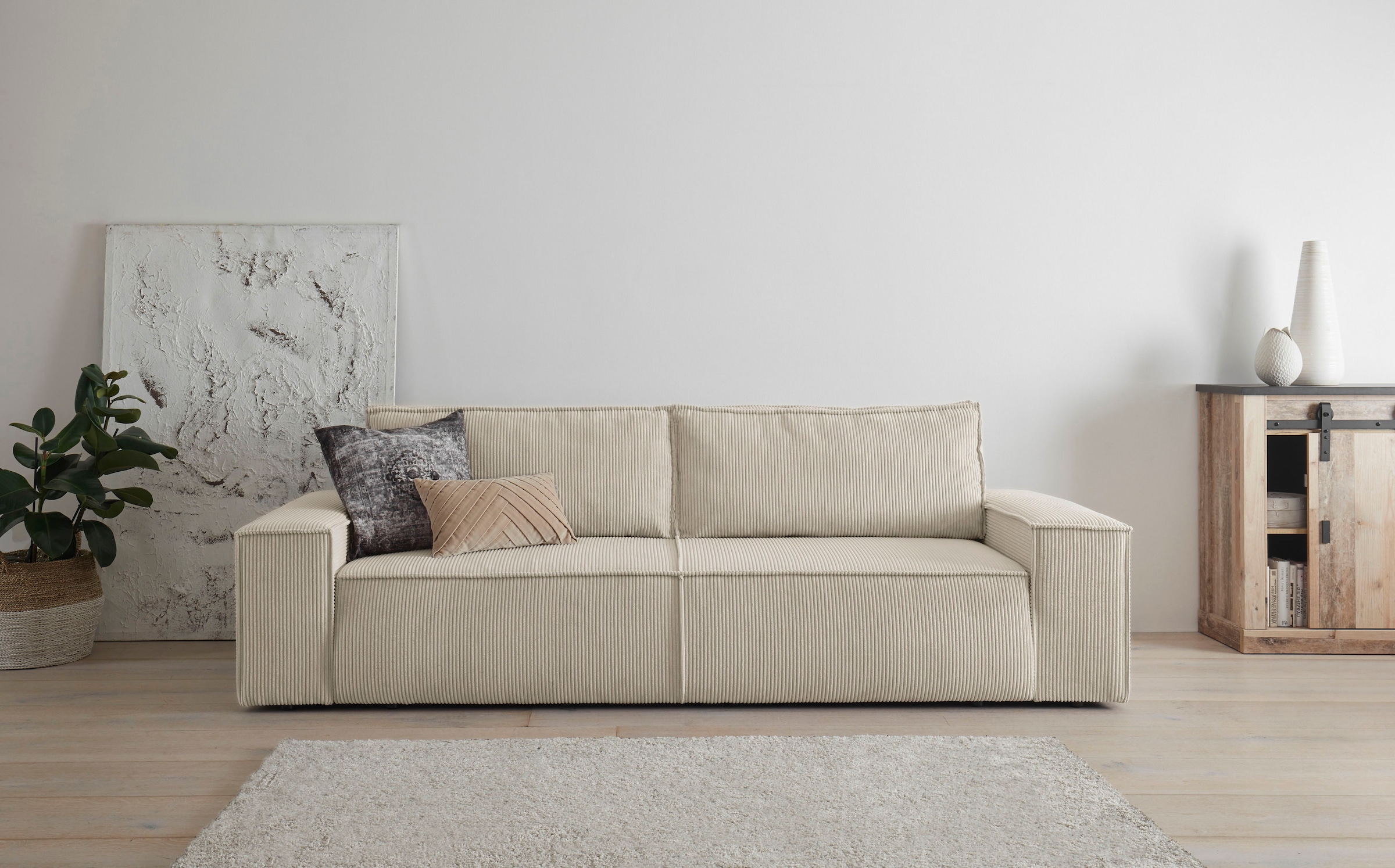 GOODproduct 3-places »SHERWOOD Schlafsofa (257cm) Cord, Samtvelours, Vintage-Lederoptik« Schlaffunktion mit Bettkasten (ca. 136/200cm)