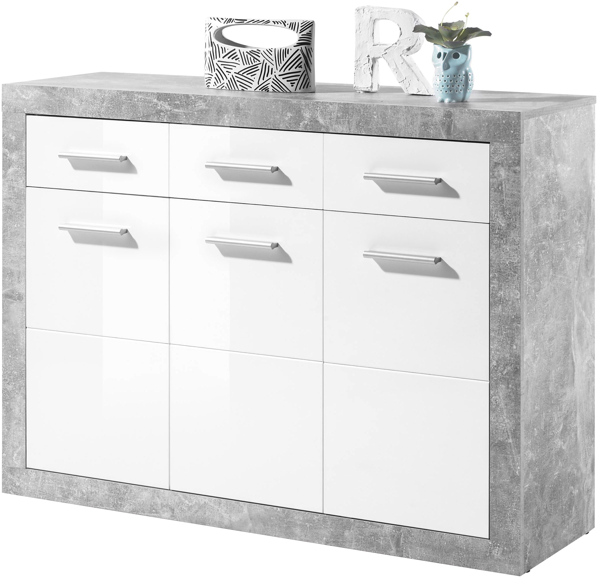 Image of HBZ Kommode "Stone 2 weiss Glanz, BxHxT 117x88x37 cm" Kommode mit 3 Türen, 3 Schubkästen, 2 Einlegeböden