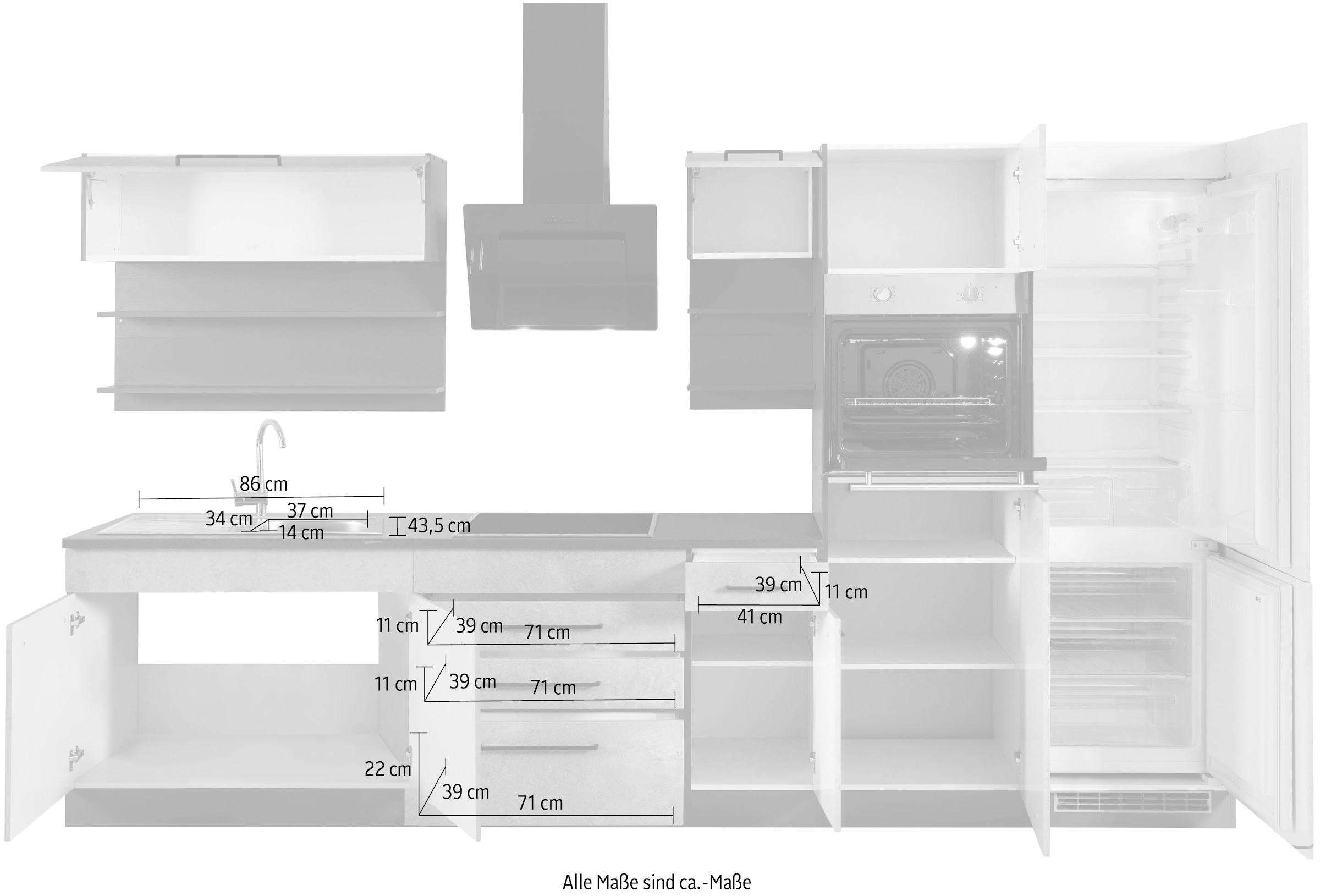 KOCHSTATION Kitchenette »KS-Tulsa« sans appareils électriques, largeur 350 cm, poignées métalliques noires, façades MDF
