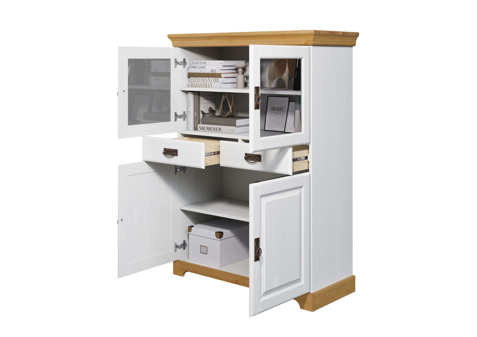 Home affaire Highboard »Rügen«, Vitrine im Landhausstil, zertifiziertes Massivholz, Höhe 131 cm