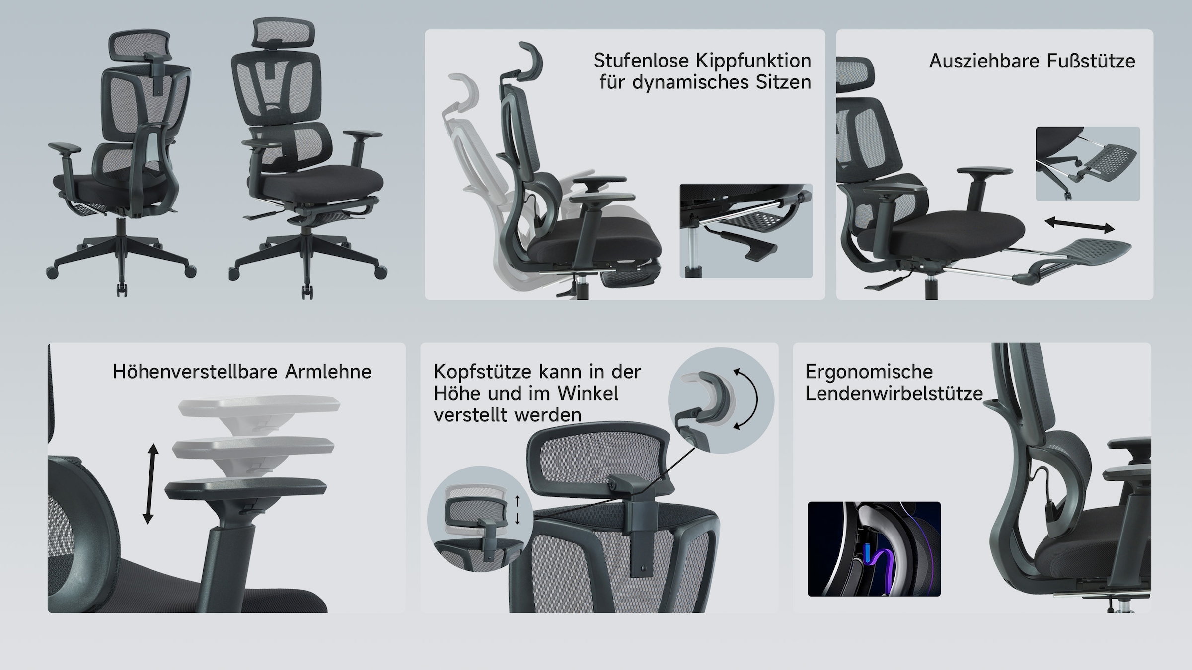 PLACES OF STYLE Chaise de bureau »ZELLINA« () mit Lordosenstütze, atmungsaktiver Sitz, ausziehbares Fussteil