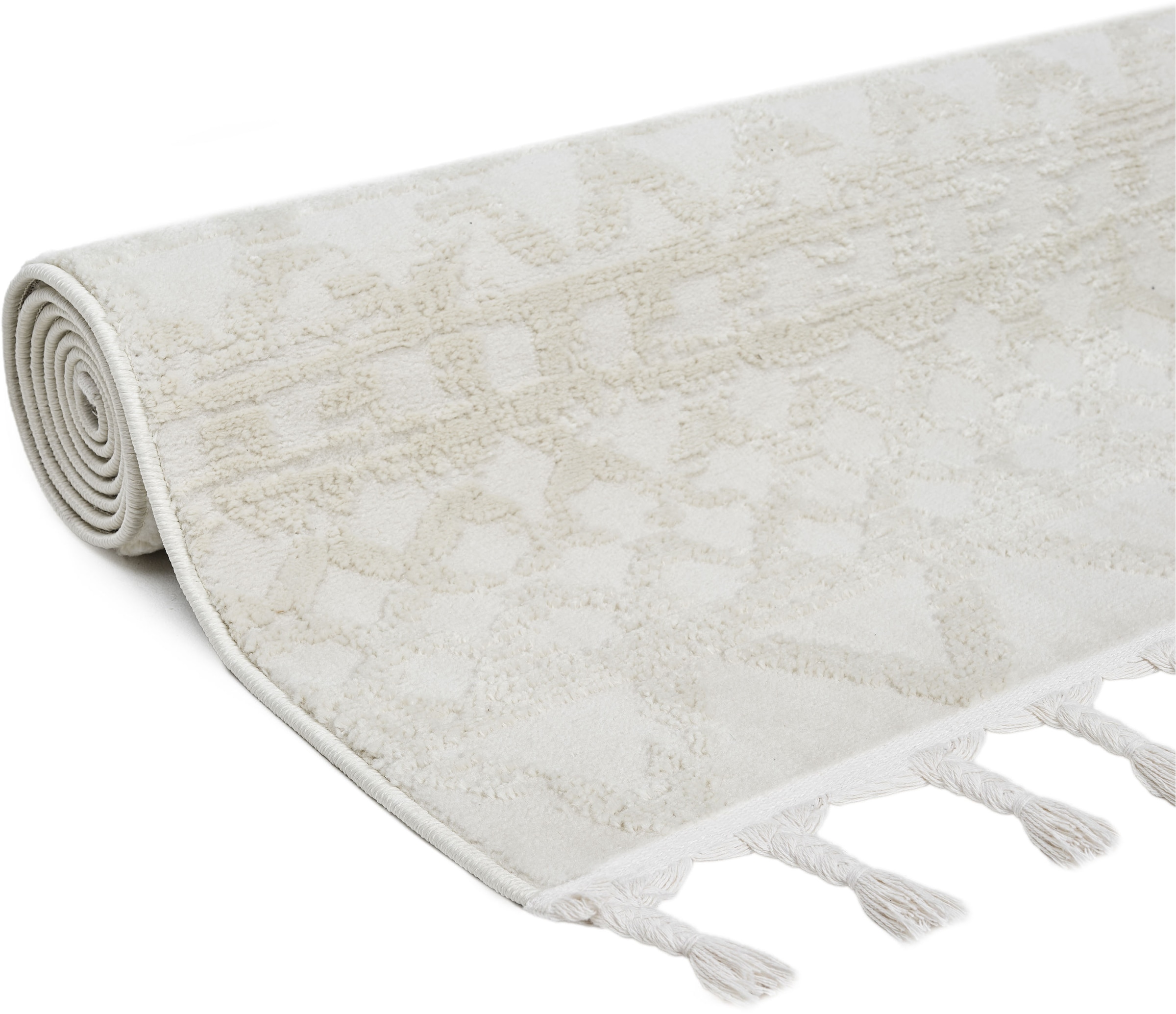 my home Tapis »Ribeyret« Rectangulaire 11 mm Höhe mit Fransen, Hoch-Tief-Struktur, Woll-Look, Boho-Style, Wohnzimmer