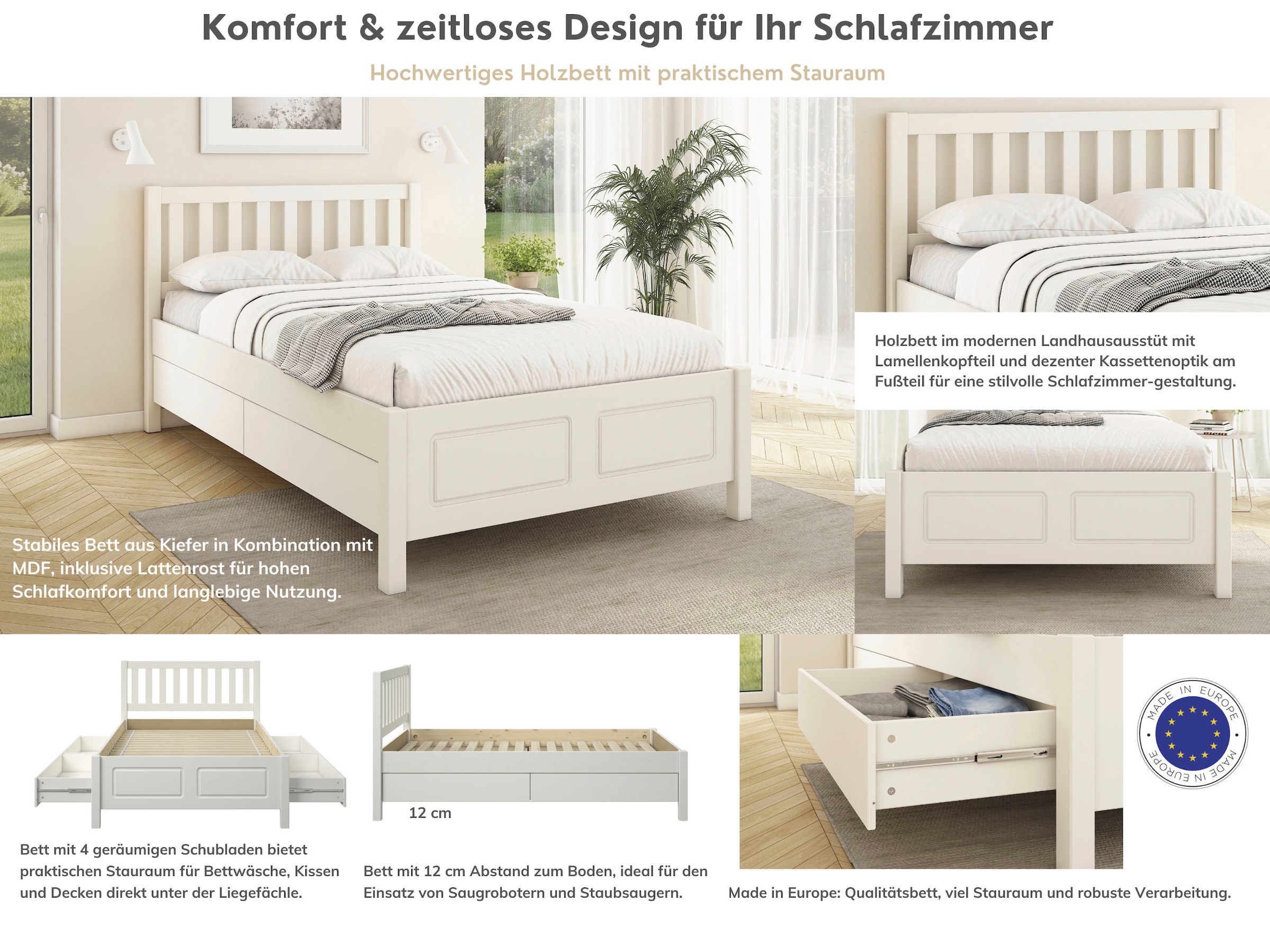 GOODproduct Lit de rangement »Synnra, maximaler Stauraum, 4 Schubladen, Made in EU, Landhausstil« certifié FSC®, façade à caissons, solution de rangement et confort