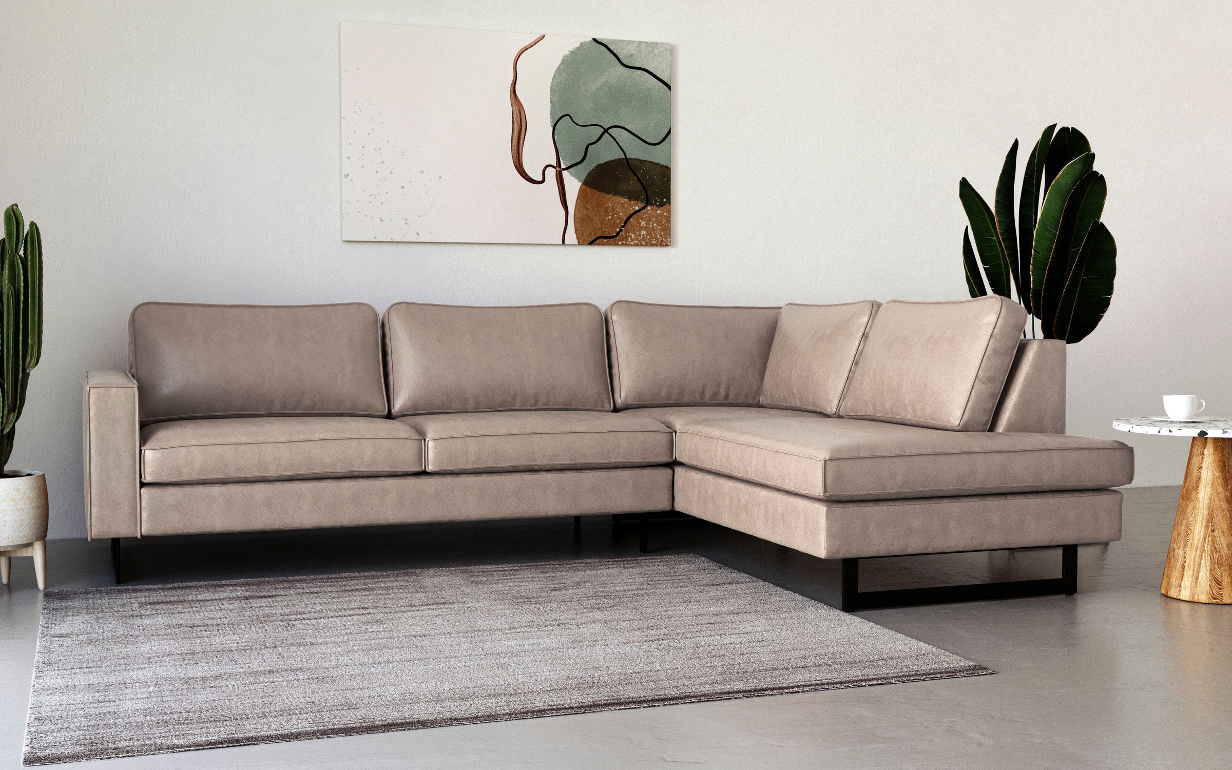 Places of Style Ecksofa »Pinto, 290 cm, Cord, Chenille, Lederoptik, Ottomane links / rechts«, mit Keder, schwarze Metallfüsse, Wellenunterfederung