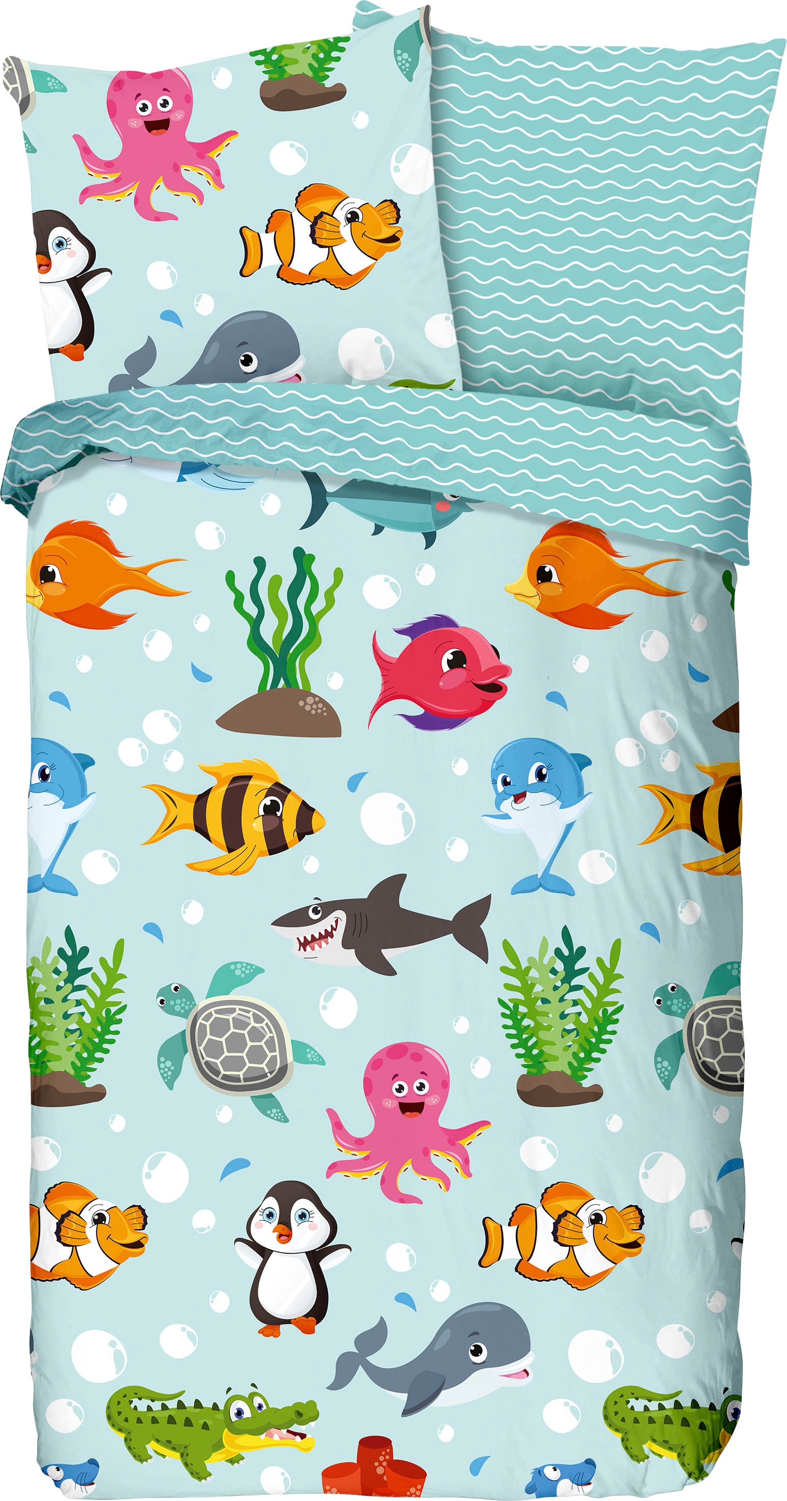 good morning Kinderbettwäsche »Sea«, Baumwolle, 135x200, Reissverschluss, Wende, Kind, Meer, Tier, Türkis