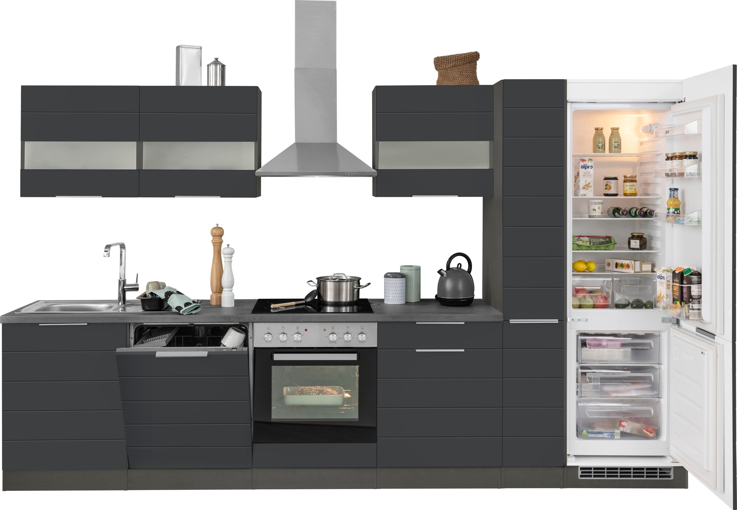 KOCHSTATION "KS-Luhe" 330 cm breit, wahlweise mit oder ohne E-Geräten, gefräste MDF-Fronten