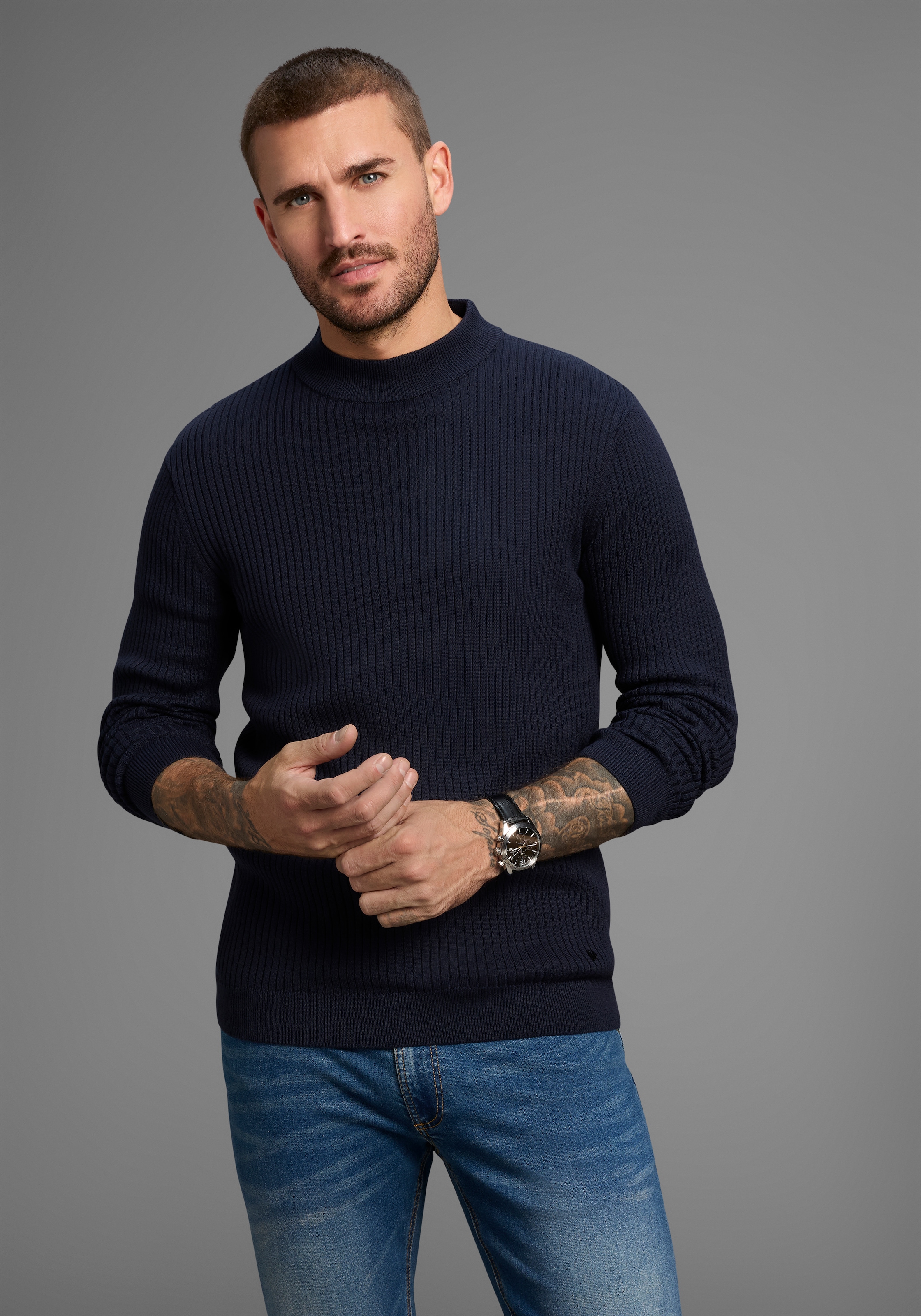 Bruno Banani Stehkragenpullover, in Rippstrickoptik