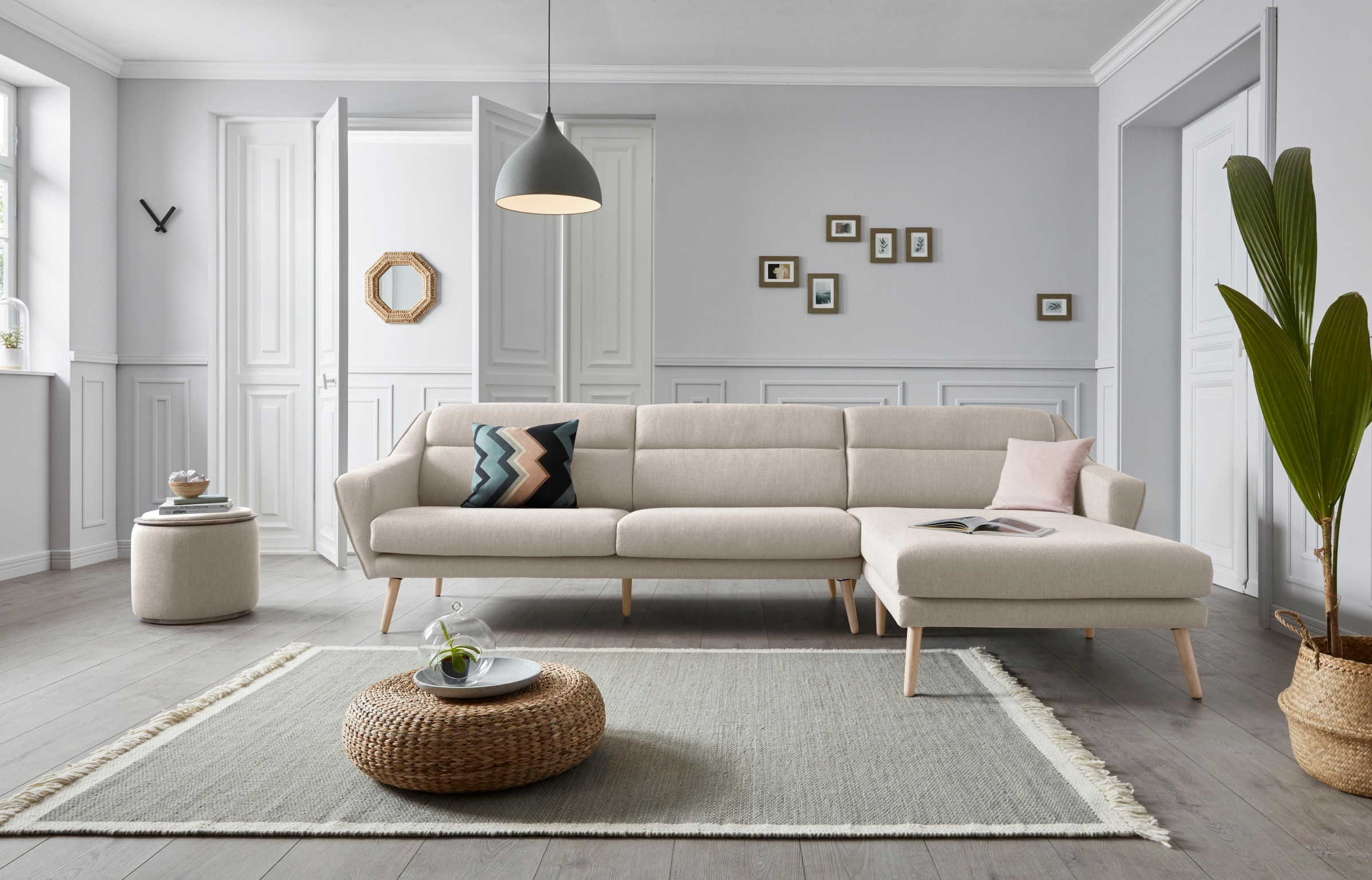 andas Canapé d'angle »Bille L-Form« mit Naht im Rückenkissen und Beinen aus Eichenholz