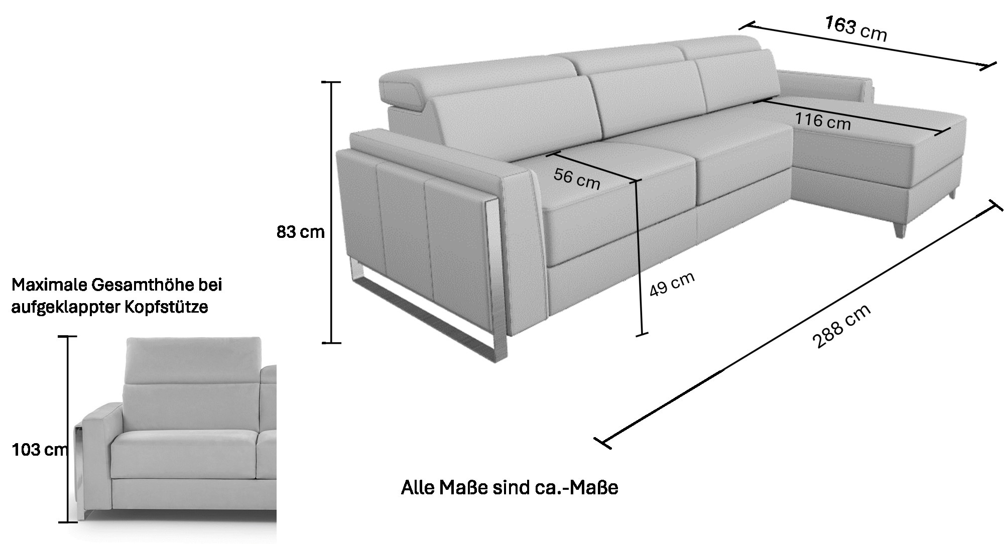 CALIA ITALIA Polsterecke »ECLETTICO, Ecksofa, Stellmasse 288/163 cm, L-Form,Metall Kufen Füsse,«, wahlweise links oder rechts bestellbar,inklusiv Kopfteilverstellung