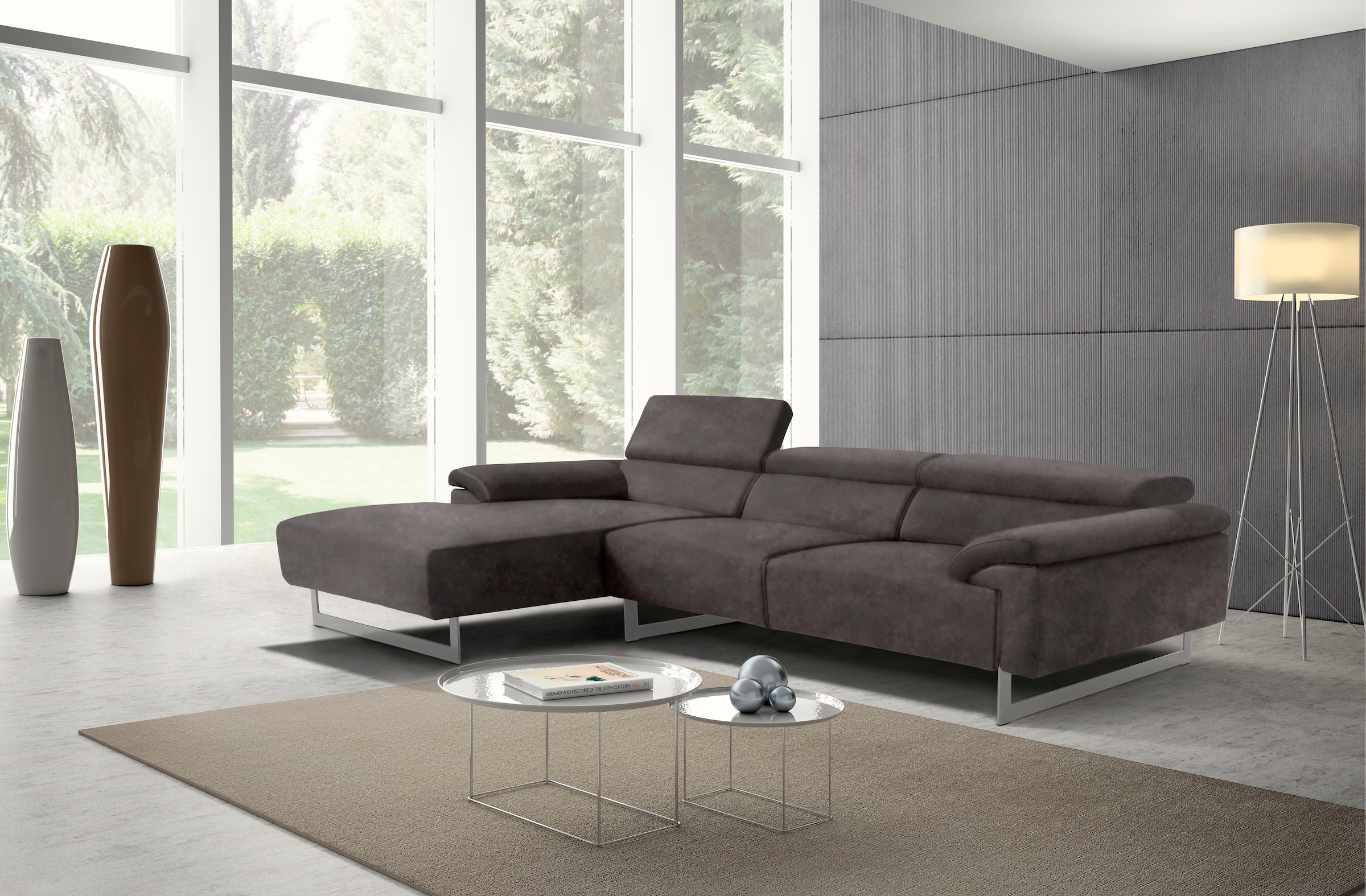 Egoitaliano Ecksofa »Malika, edel und bequem, Designsofa mit hochwertigen Bezügen, L-Form« mit Recamiere, inkl. Kopfteilverstellung und chromfarbenen Metallfüssen