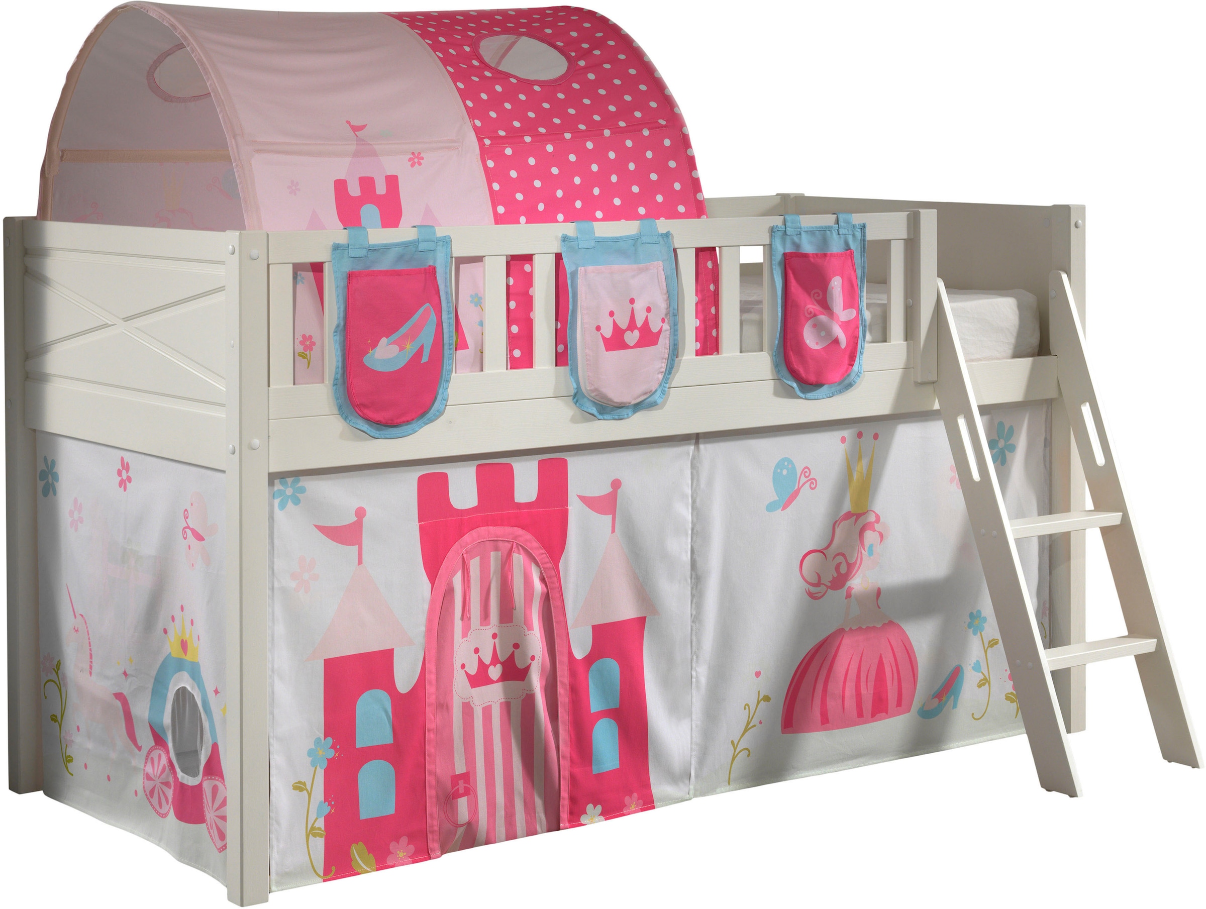 Image of Vipack Hochbett "Scott" Made in Europe, mit Leiter, LF 90x200 cm, Vorhang, Tasche, Tunnel, 4 Designs