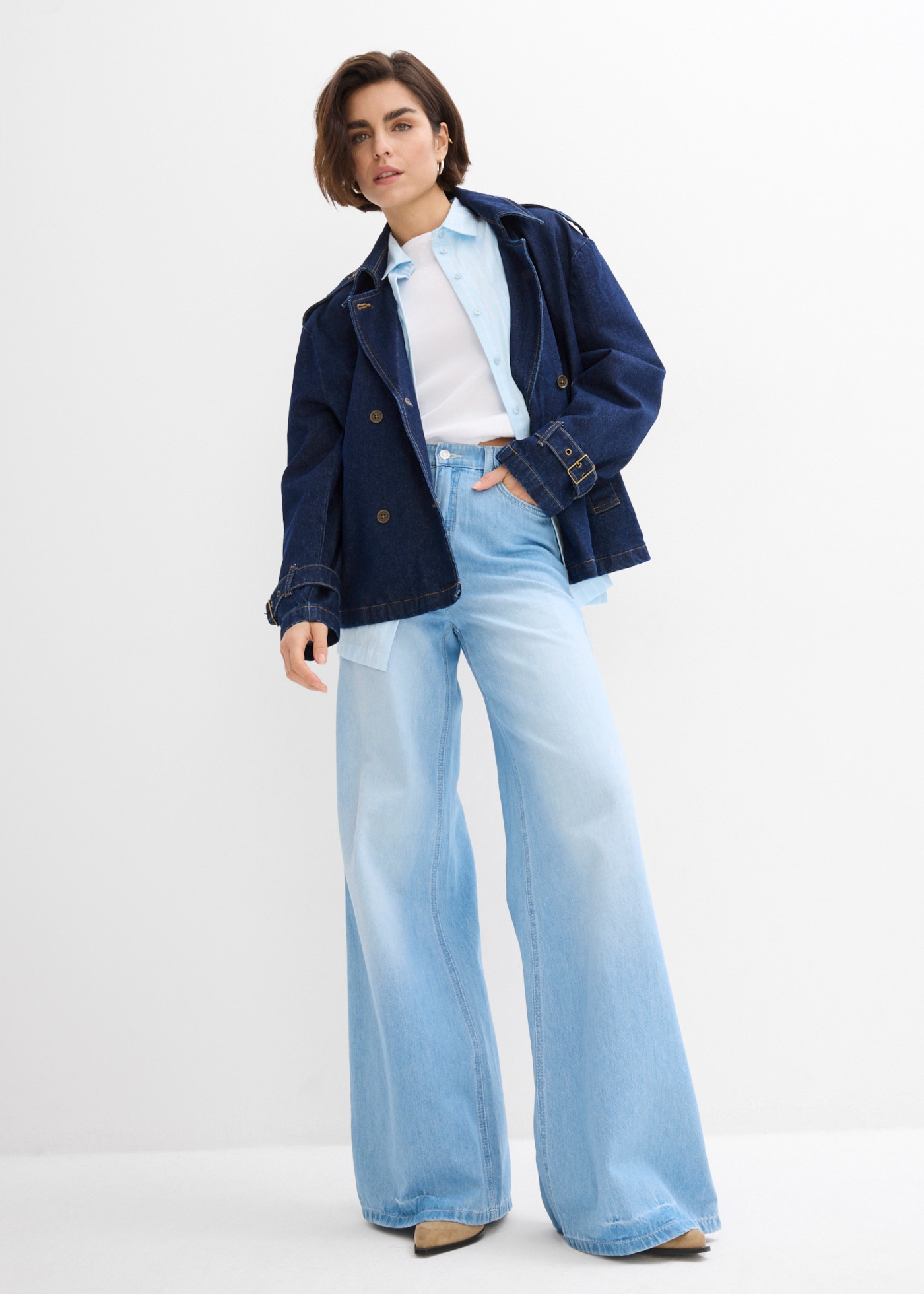 bonprix Jeans large coupe large, design 5 poches, ceinture élastique confortable, taille haute