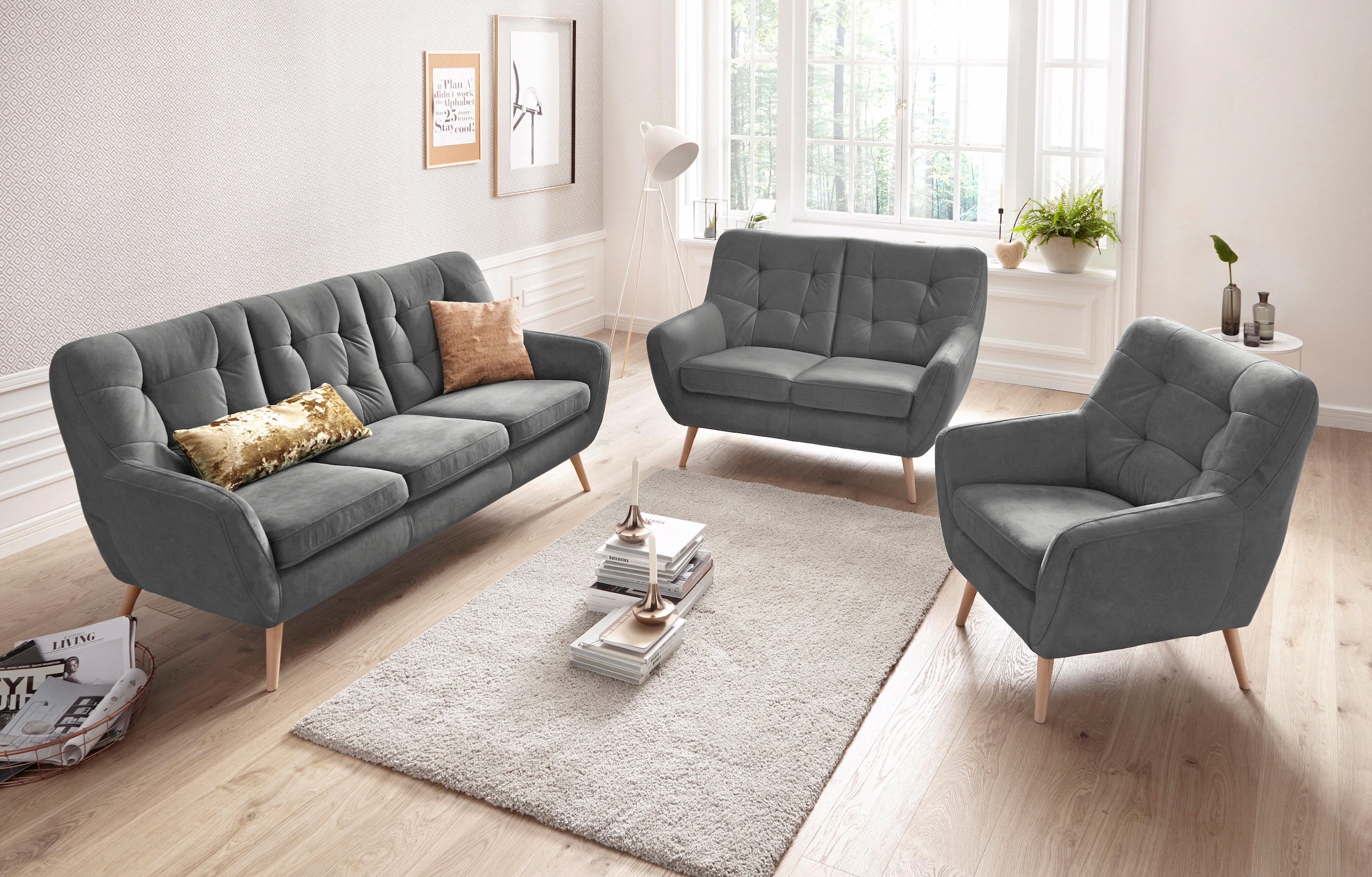 exxpo - sofa fashion 2-Sitzer »Scandi, bequem, aufwendige Rückenpolsterung für mehr Sitzkomfort«, akuelle Farben in hochwertige Bezugsqualitäten, Holzfuss