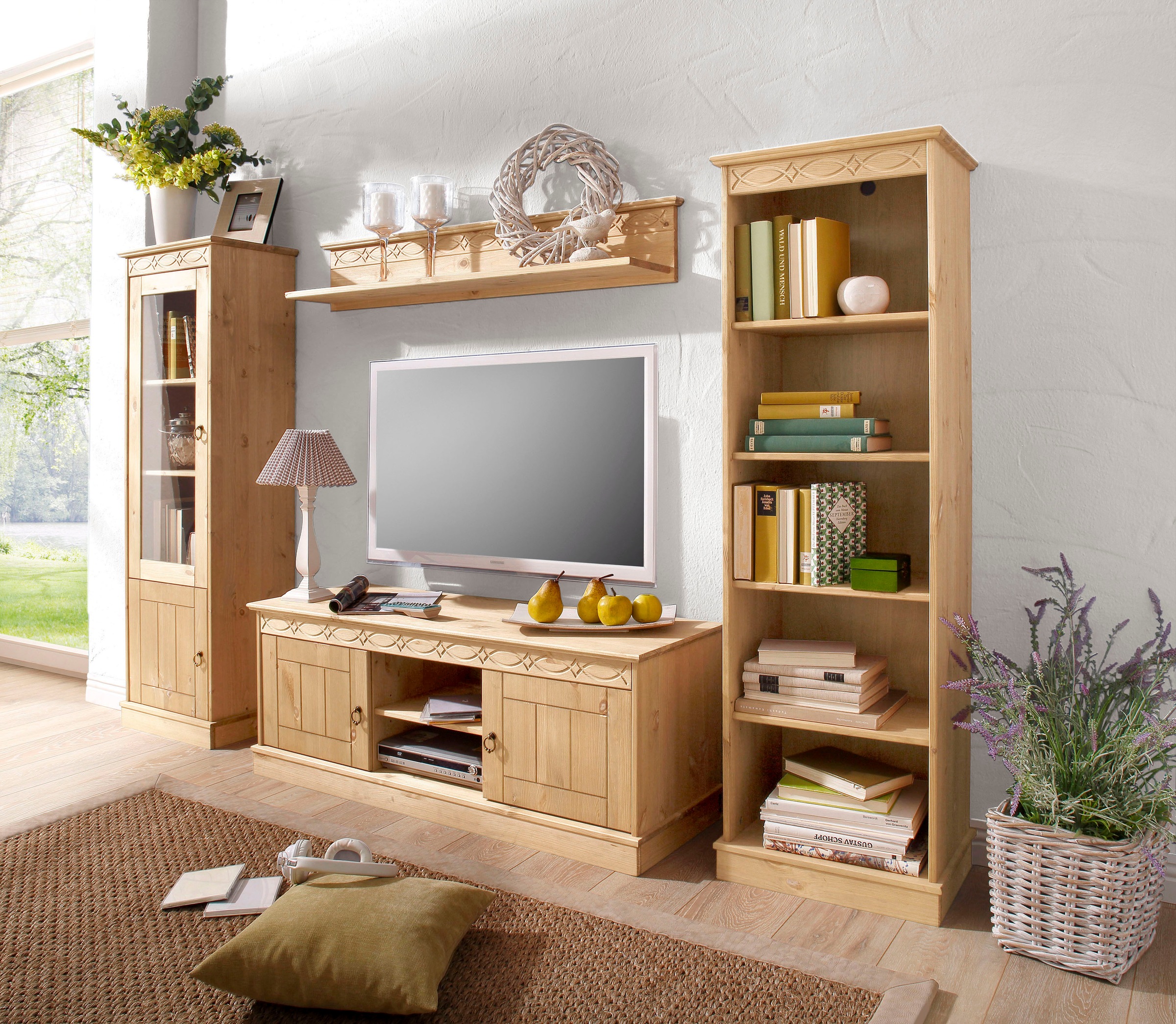 Image of GOODproduct Wohnwand "Indra Vitrine, TV-Board, Regal, Wandregal mit dekorativer Fräsung" 4 Stk. tlg.