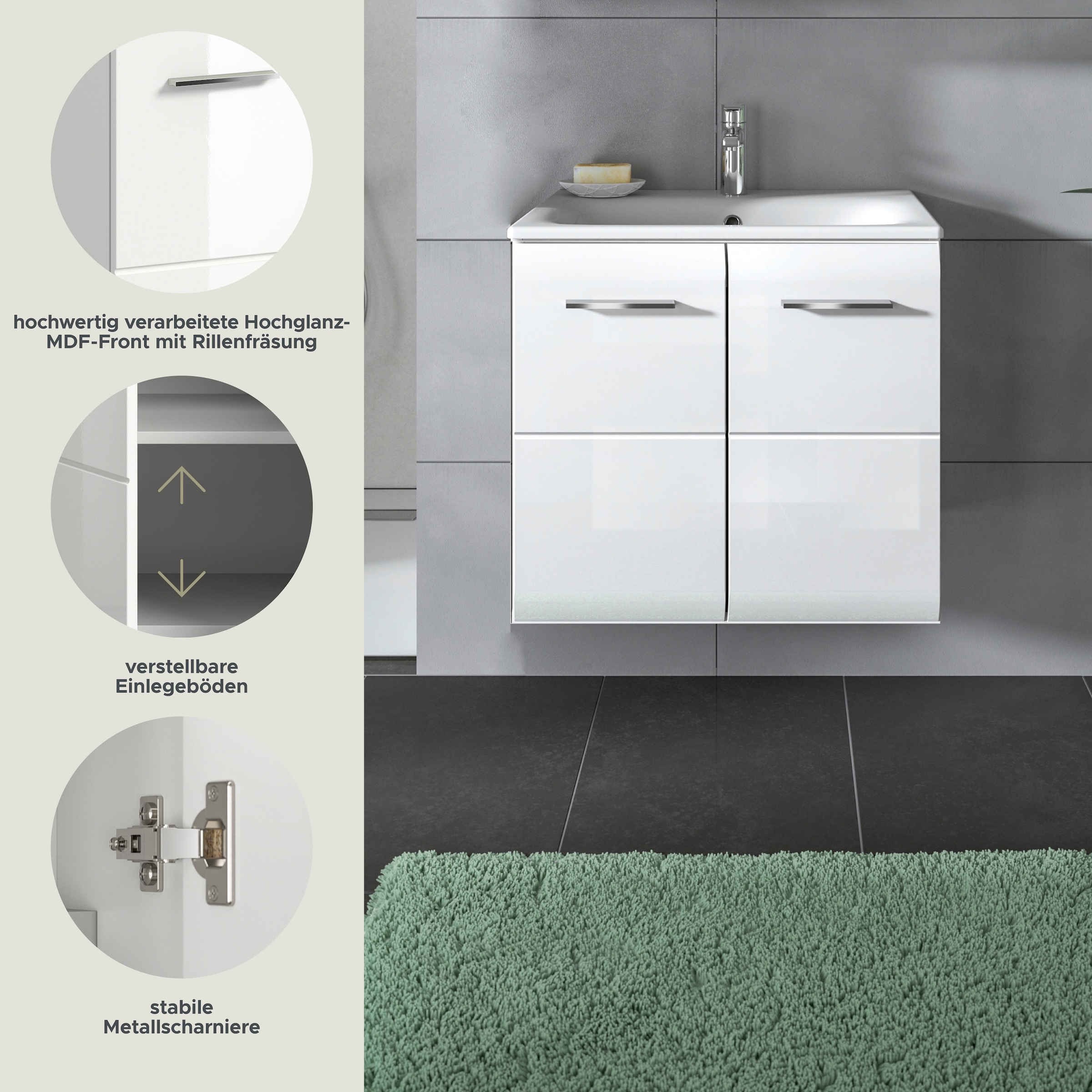 INOSIGN Armoire sous lavabo 2 cuis tlg. Florenz, Waschtisch inkl. Waschbecken, Weiss Hochglanz Tiefzieh