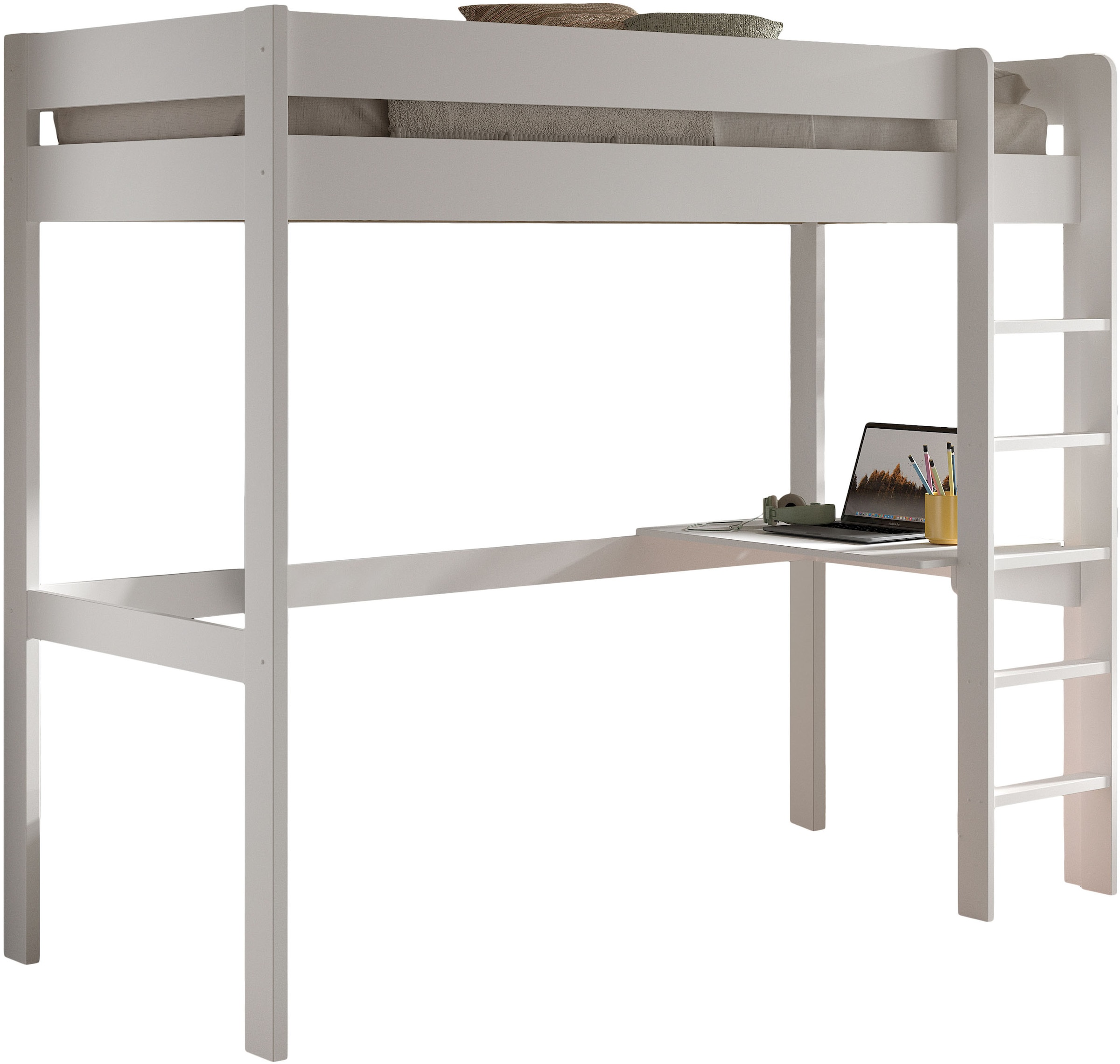 Image of Vipack Hochbett "Primo mit Liegefläche 90 x 200 cm, inkl. Massivholz Rolllattenrost" Kiefer massiv, weiss lackiert, wahlweise ohne oder mit Schreibtisch