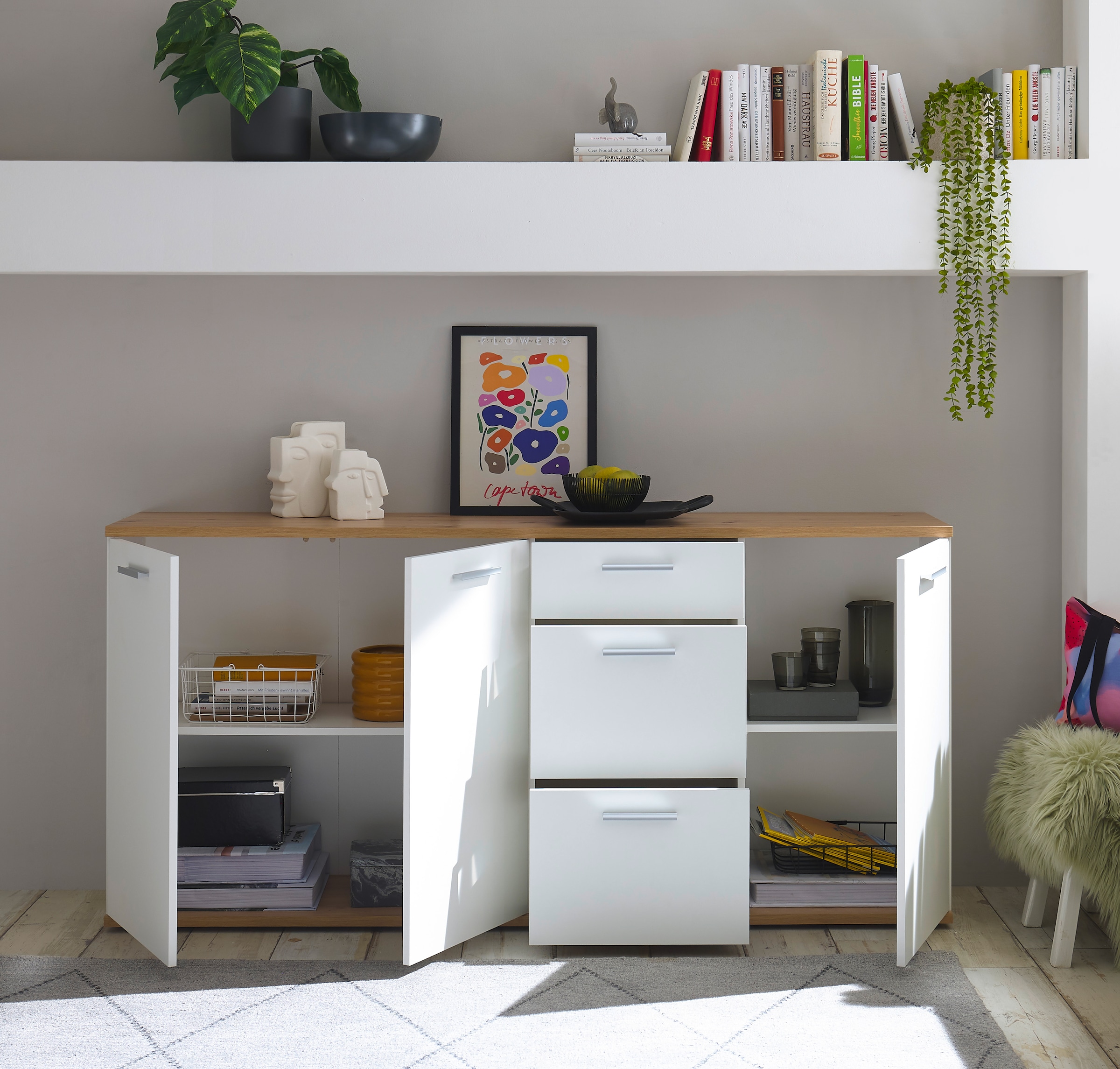 HBZ Kommode »BC1035 weiss matt, BxHxT 180x86x38 cm«, Sideboard mit 3 Türen, 3 Schubkästen, 2 Einlegeböden