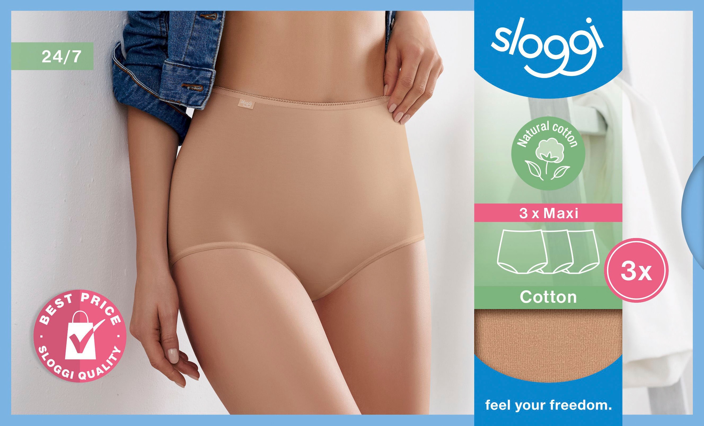 sloggi Maxislip »24/7 Cotton Maxi C3P«, (3er Pack), höher geschnittene Passform, Elastikbund mit Spitze