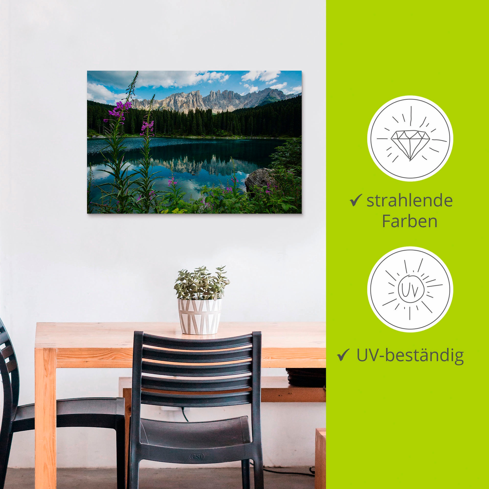 Artland Alu-Dibond-Druck »Berge Latemar spiegeln sich im Karersee«, Seebilder, (1 St.), für Innen- und Aussenbereich geeignet, Outdoorbild