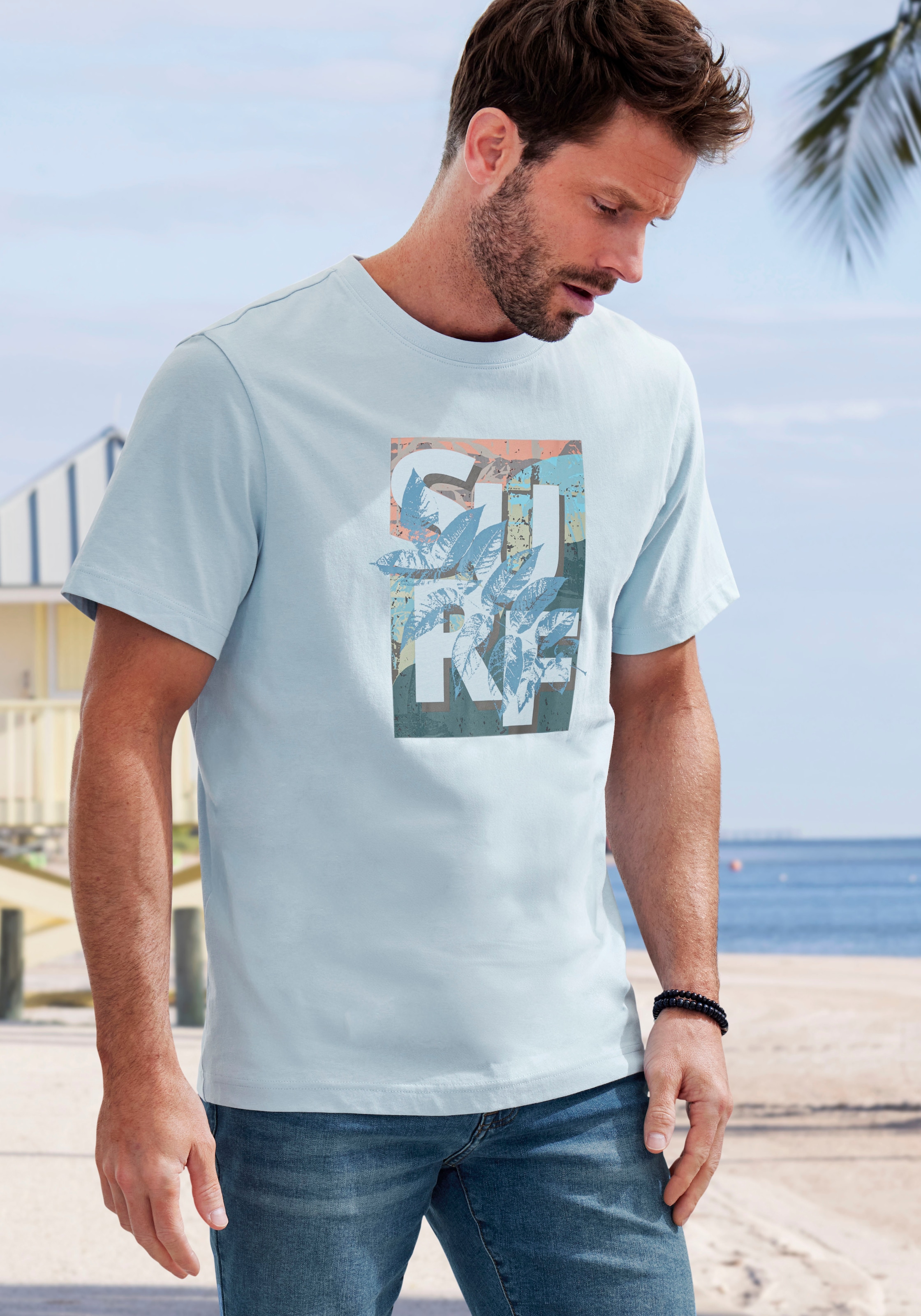 John Devin T-Shirt, Rundhalsshirt mit Surf -Aufdruck aus reiner Baumwolle