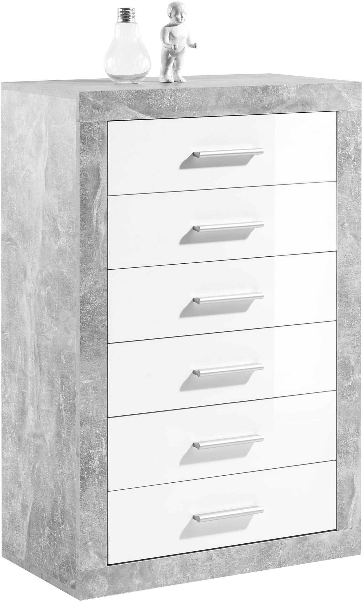 Image of HBZ Sideboard "Stone weiss Hochglanz, Schrank mit Schubkästen BxHxT 66x102x37 cm" 1 Stk. tlg. Beton Dekor und weiss Hochglanz, Schrank mit 6 Schubkästen