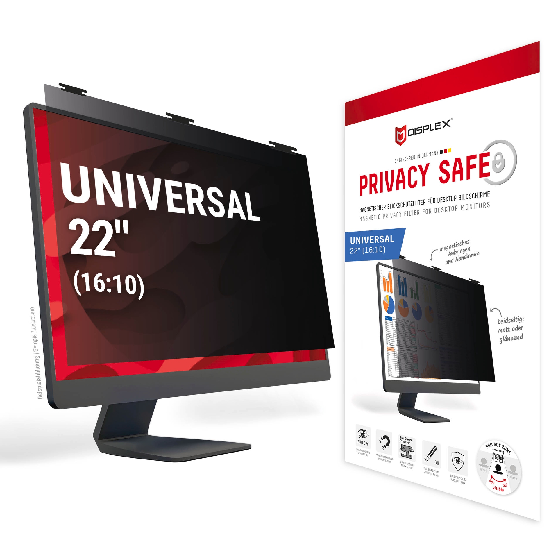 Image of Displex Displayschutzfolie "Privacy Safe Blickschutzfilter" für Universell für Monitore mit 22 (16:10) Blickschutzfolie, Schutzfolie, Bildschirmschutz, kratz- & stossfest