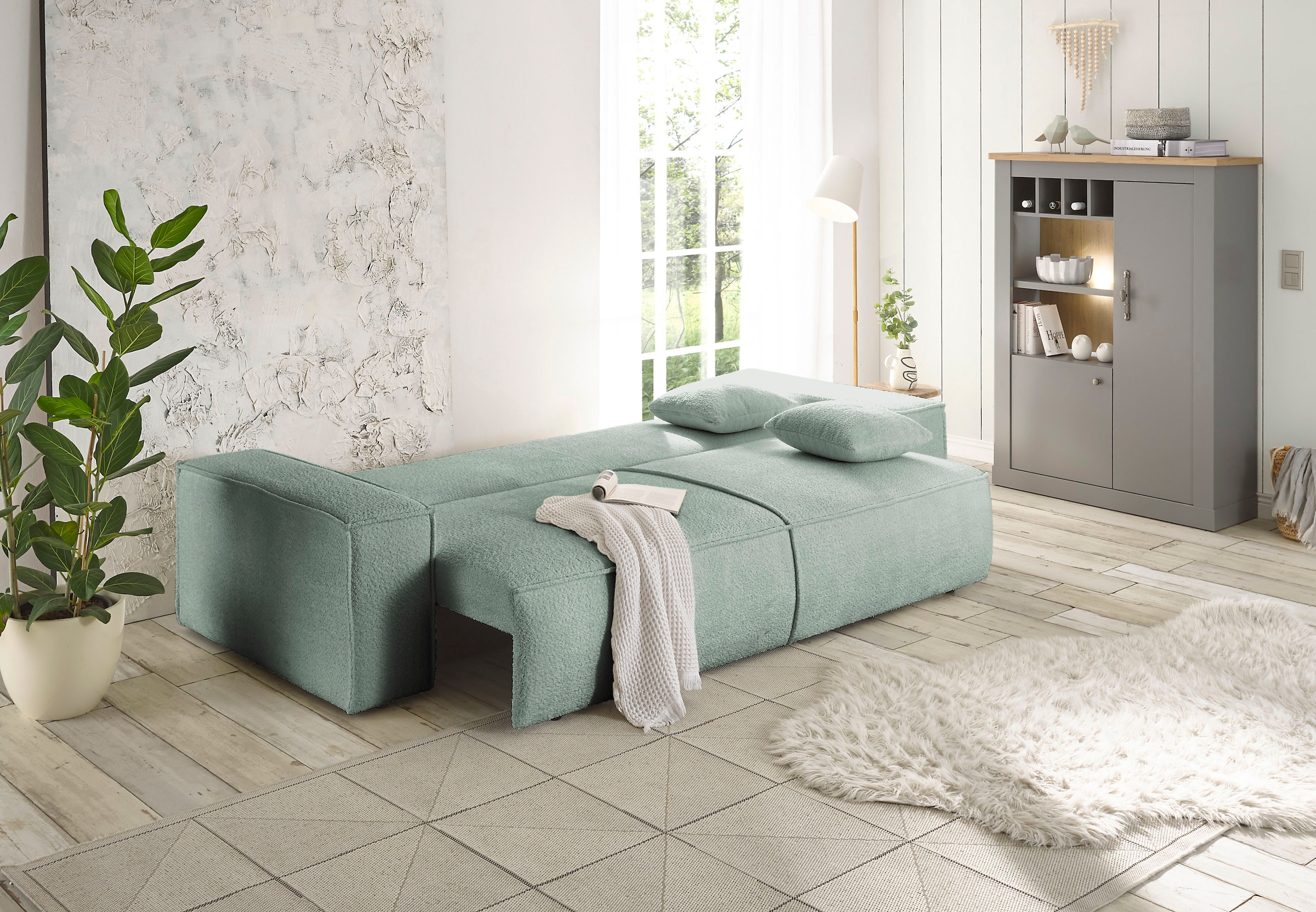 andas 3-Sitzer »FINNLEY Schlafsofa 257 cm, Schlaffunktion mit Bettkasten (200/136cm),«, in Aqua Clean-Bouclé u. Struktur fein