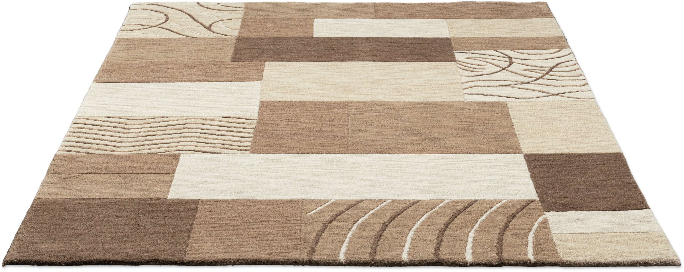 THEKO Wollteppich »Domas 4028«, rechteckig, 12 mm Höhe, Kurzflor, reine Wolle, handgeknüpft, modernes Patchwork Design